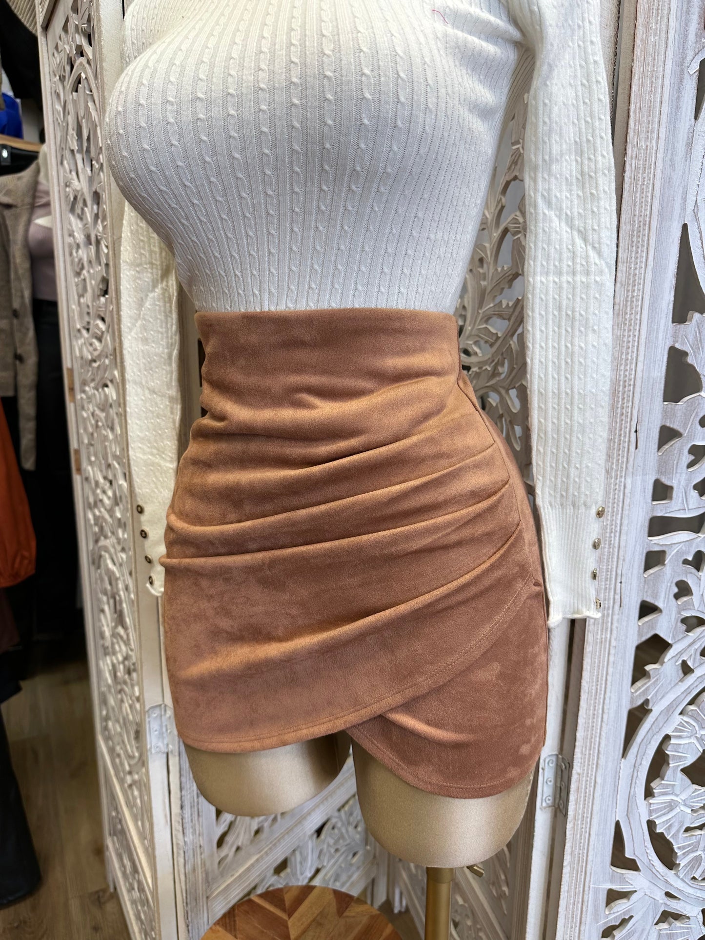 Brown Suede Draped Mini Skirt