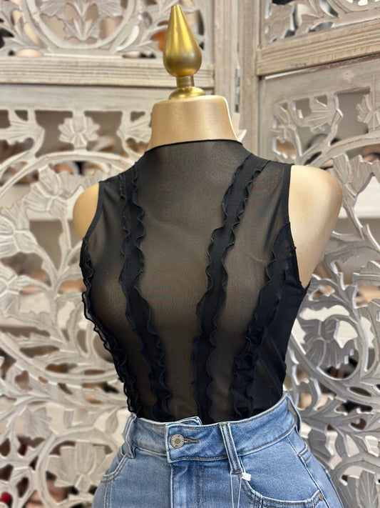 Black Mesh Ruffle Top - Stretchy