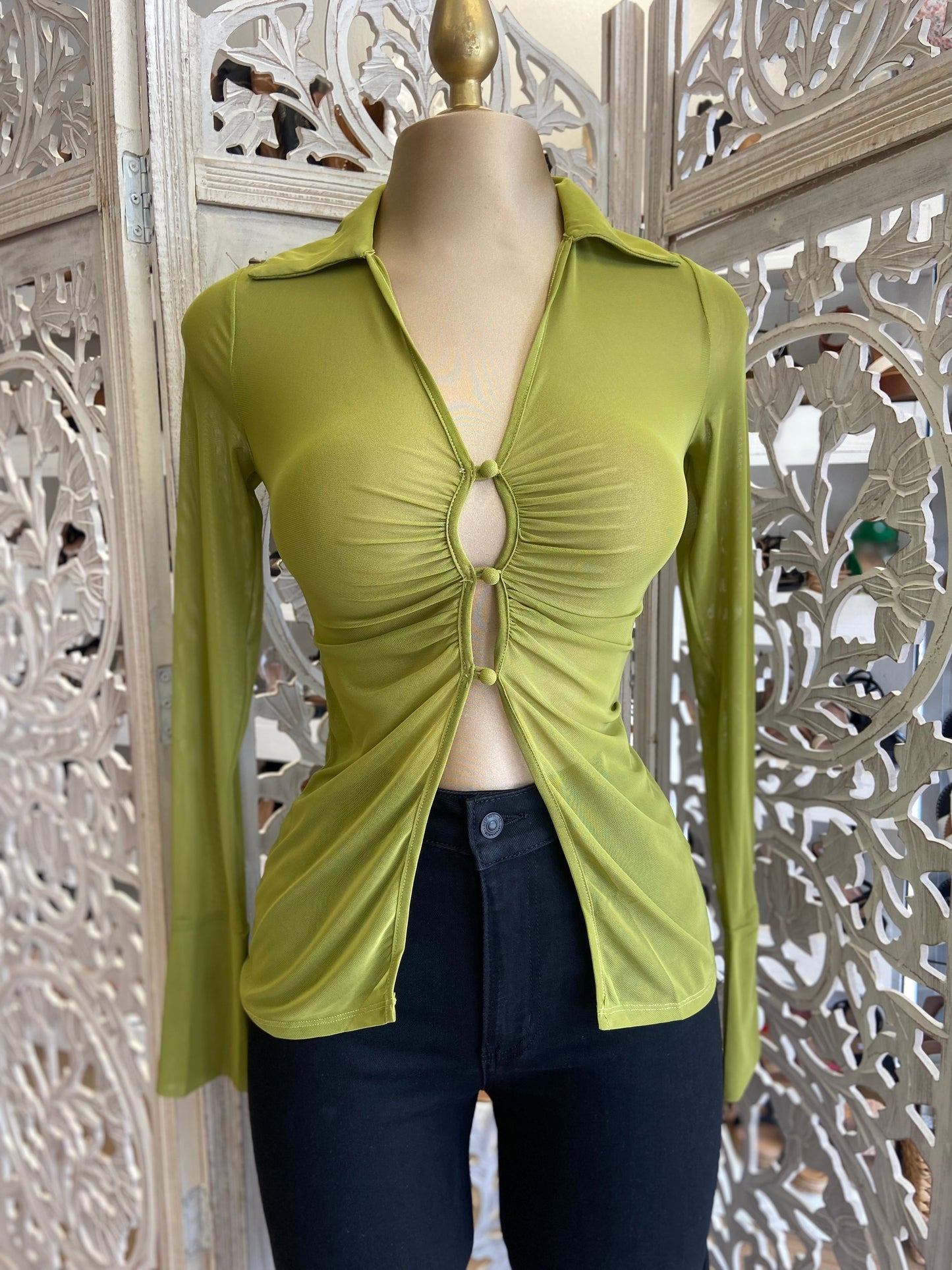 Green Sheer Button Blouse