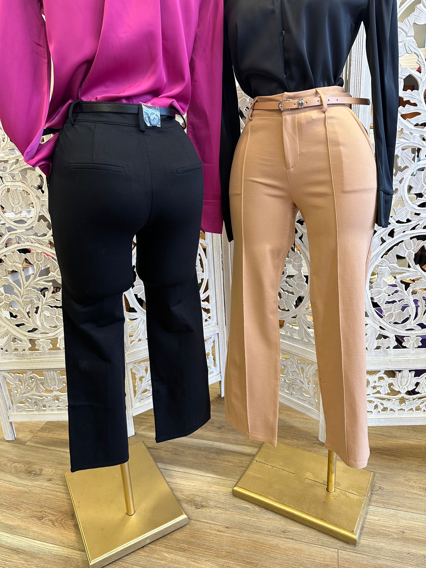 Straight Leg Trousers with Belt- Stretchy