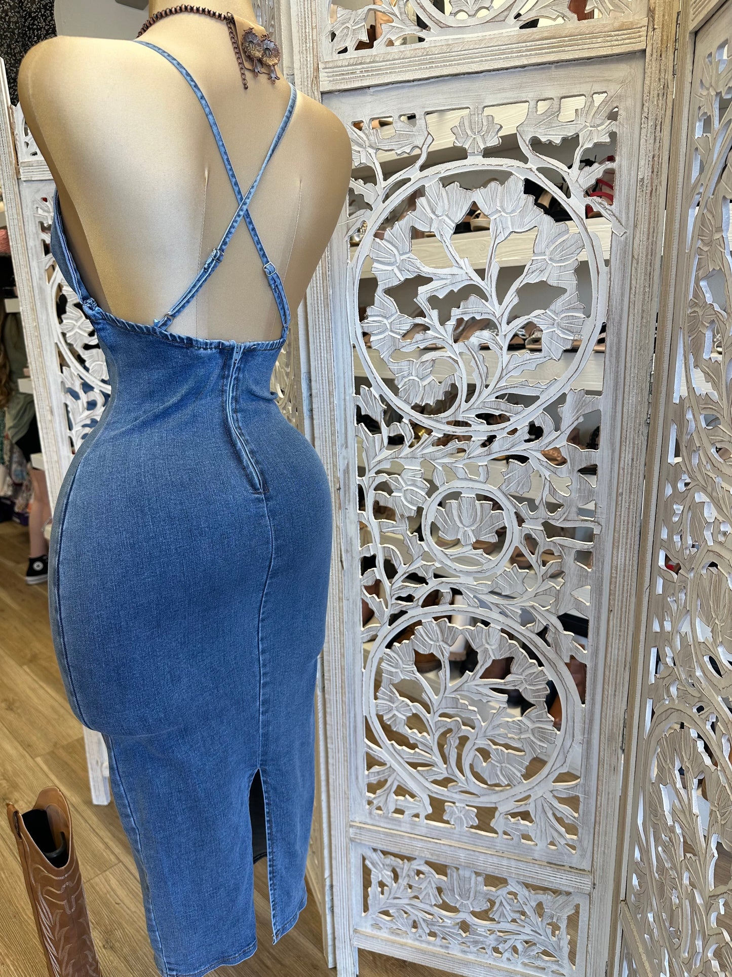 Denim Heart Cross Back Dress- Stretchy