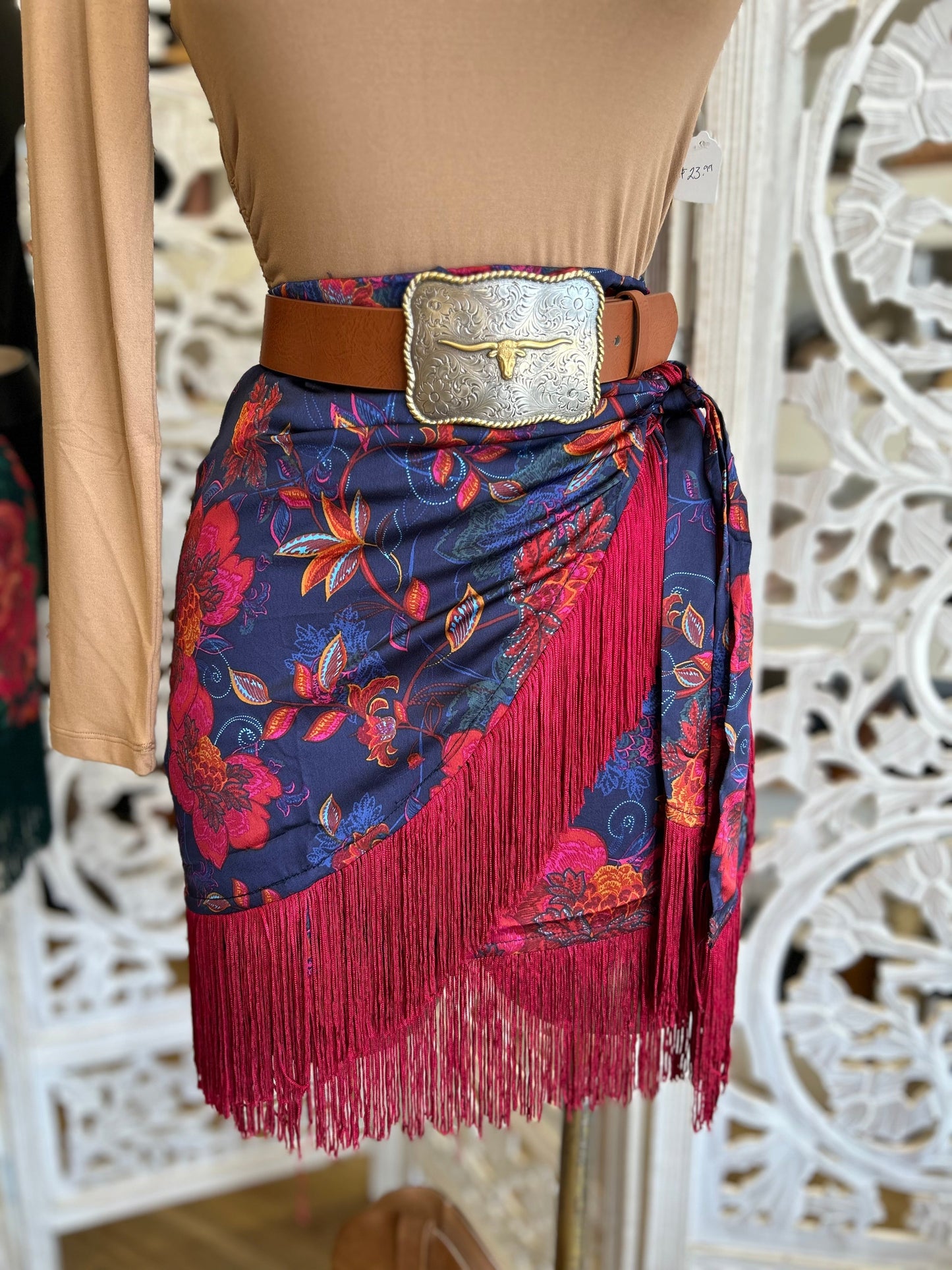 Fringe Draped Floral Skirt - Slightly Stretchy