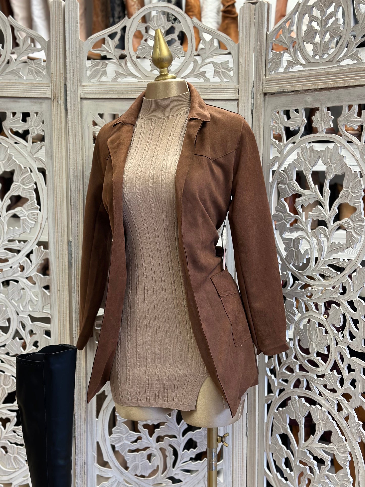 Brown Suede Coat With Bow