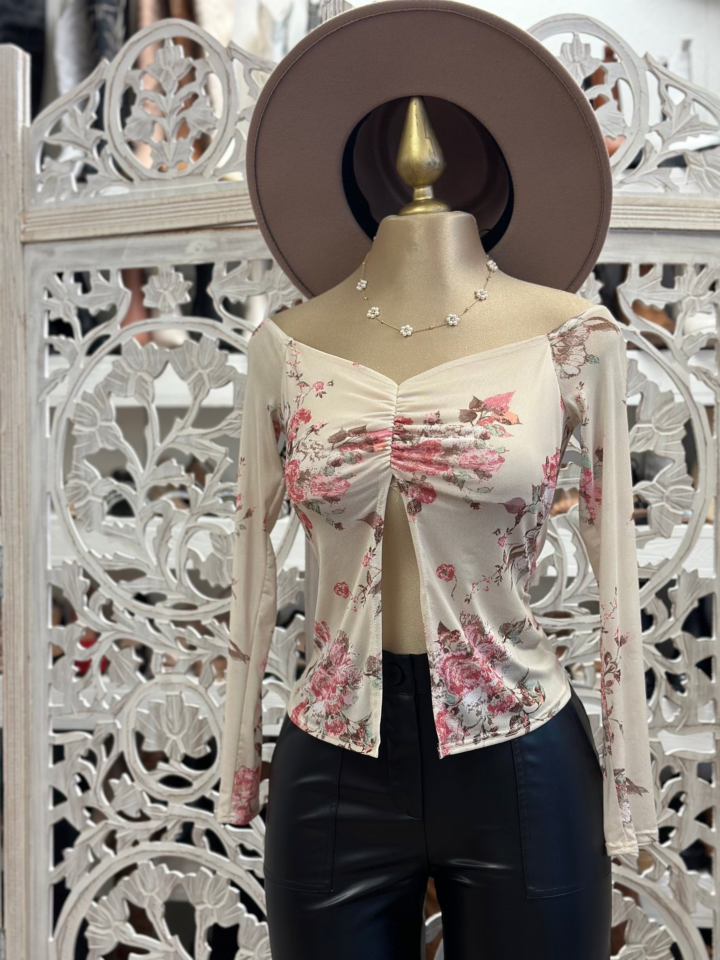 Floral Ribbon Split Blouse