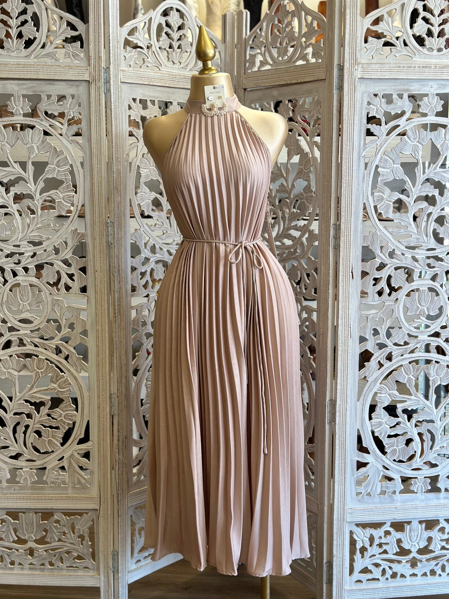 Mock Neck Pleated Beige Dress- Stretchy