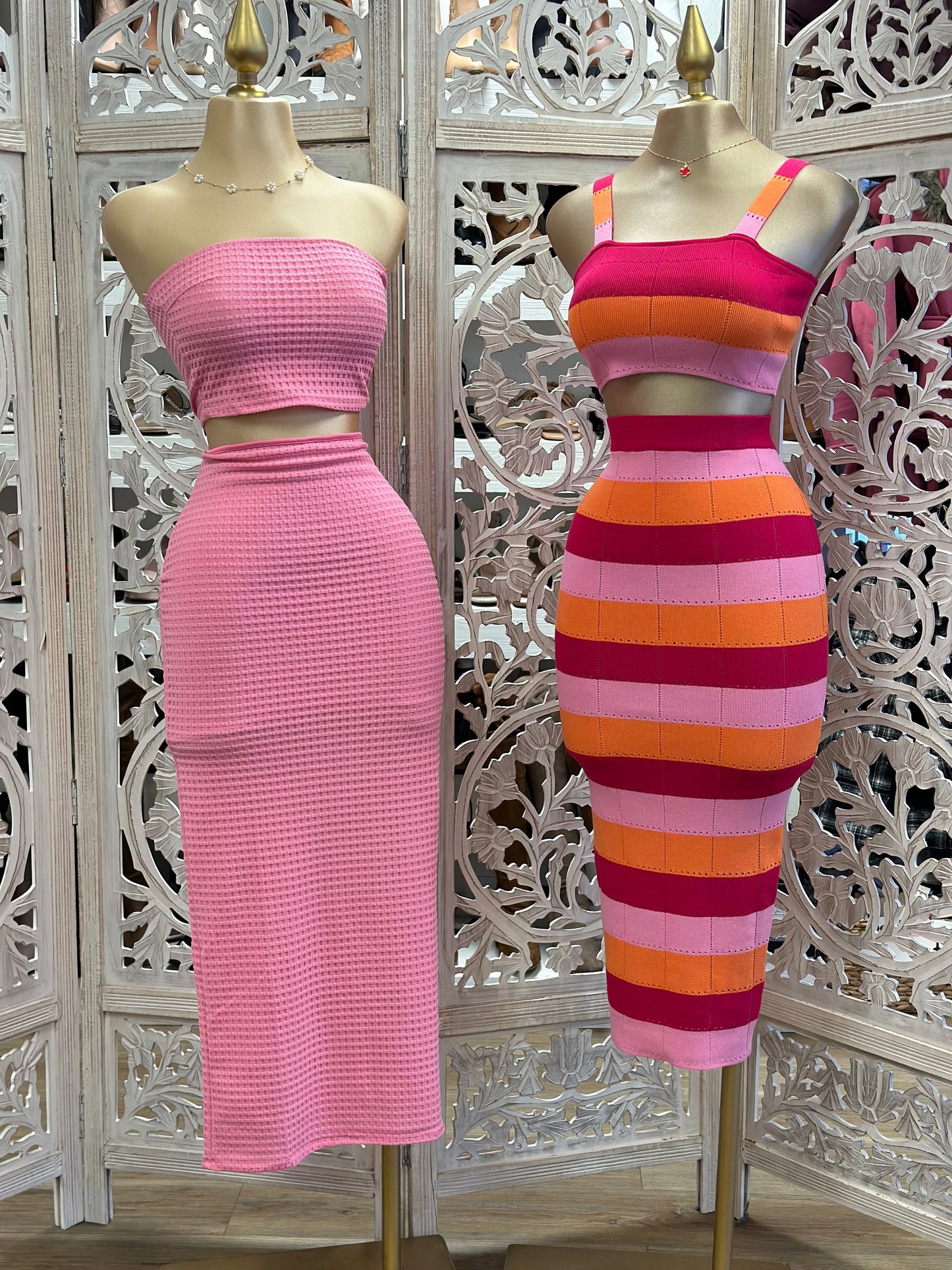 Cotton Pink Two Piece Strapless and Maxi Skirt Set- Stretchy