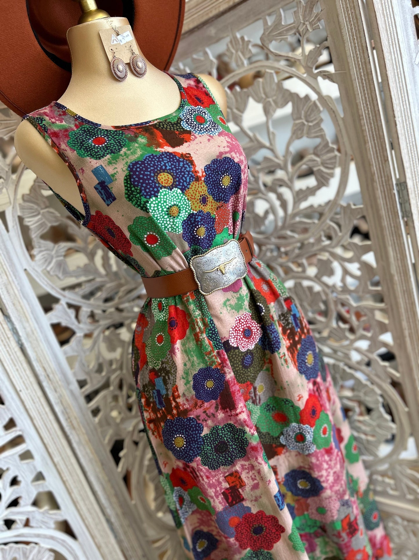 Scoop Neck Floral Multi Color Flowy Midi Dress- Not Stretchy