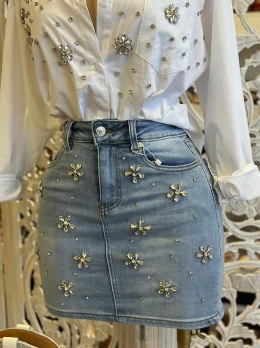 Rhinestone Flower Jean Skirt- Stretchy