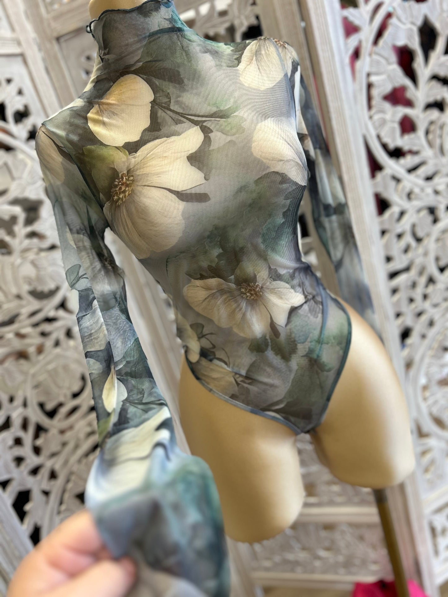 Floral Print Mock Neck Bodysuit- Stretchy