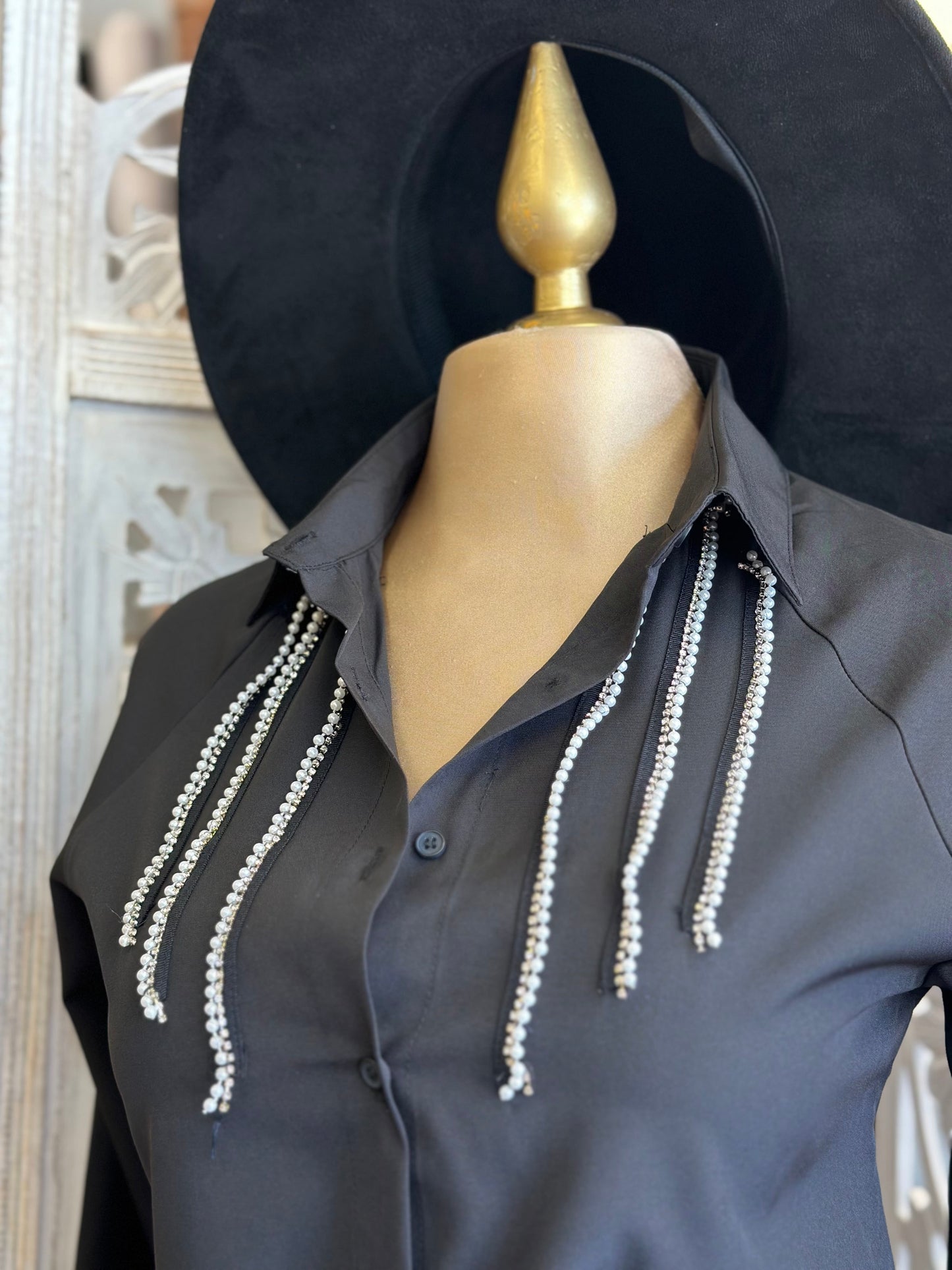 Black Dainty Rhinestone Blouse- Stretchy