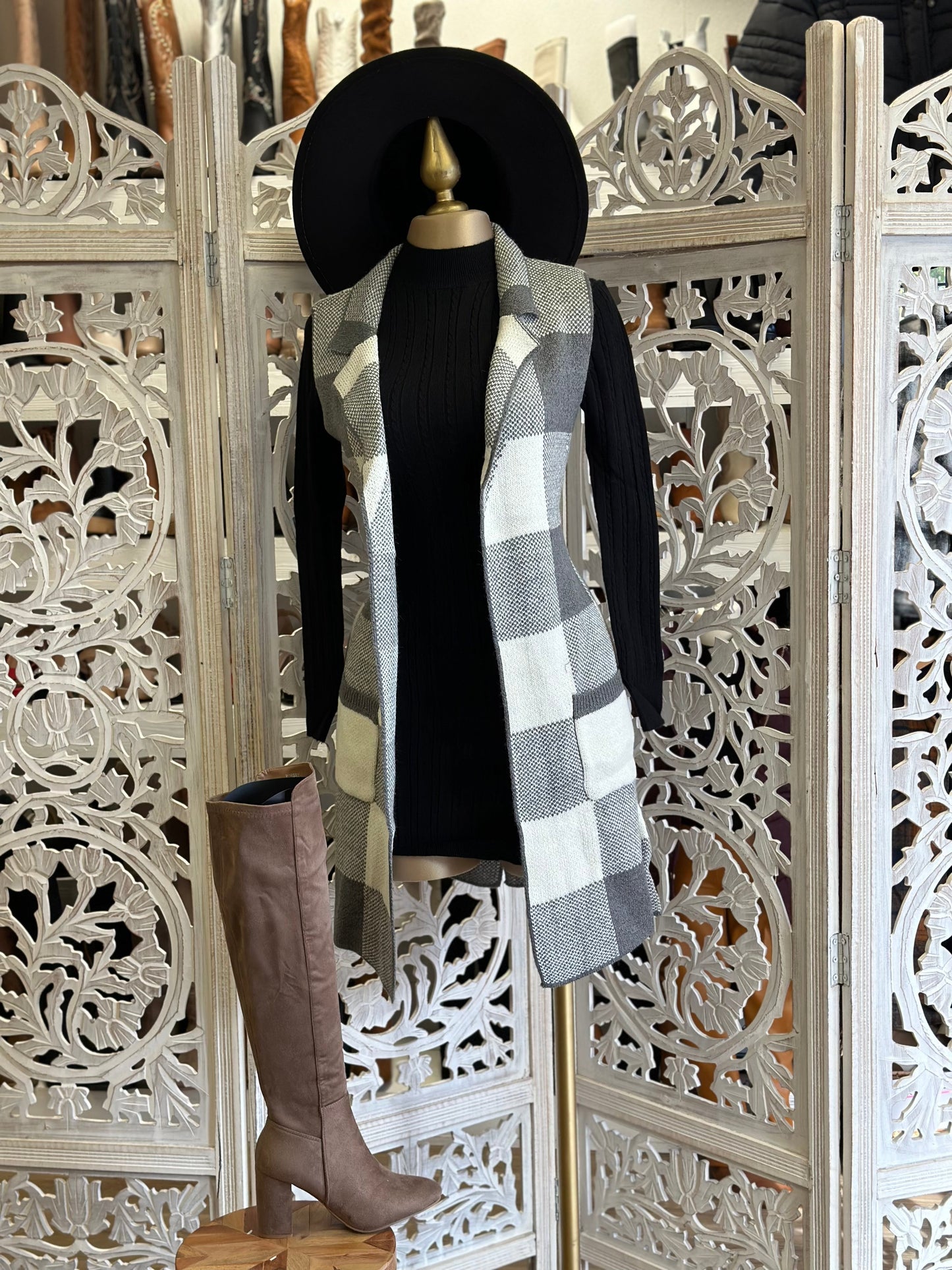 Dark Gray and White Plaid Coat Vest