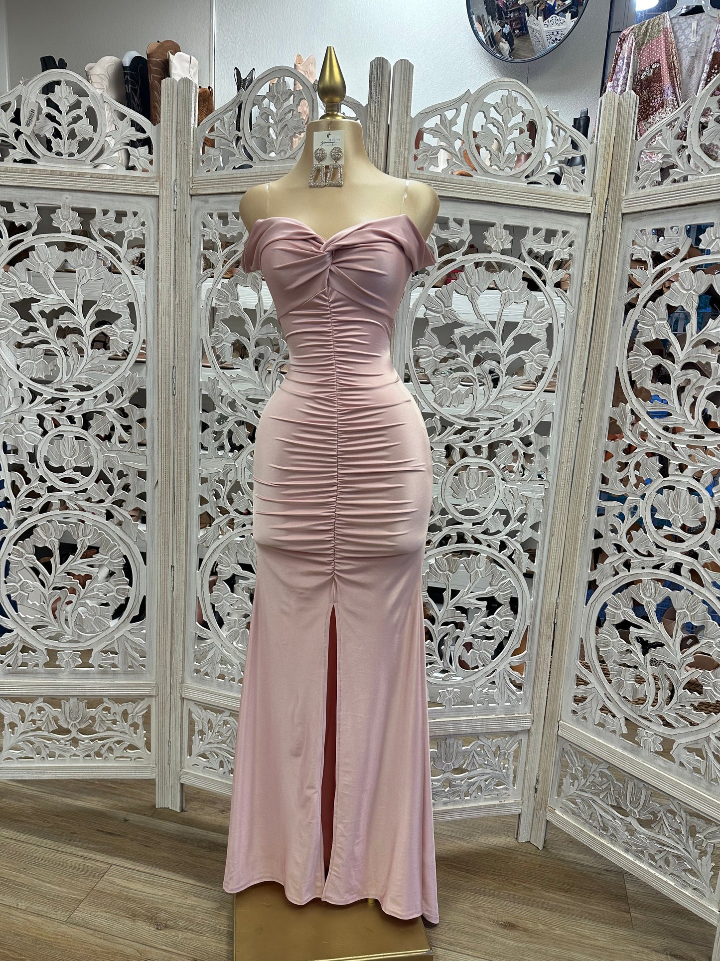 Rose Gold Ruched Off Shoulder Gown- Stretchy