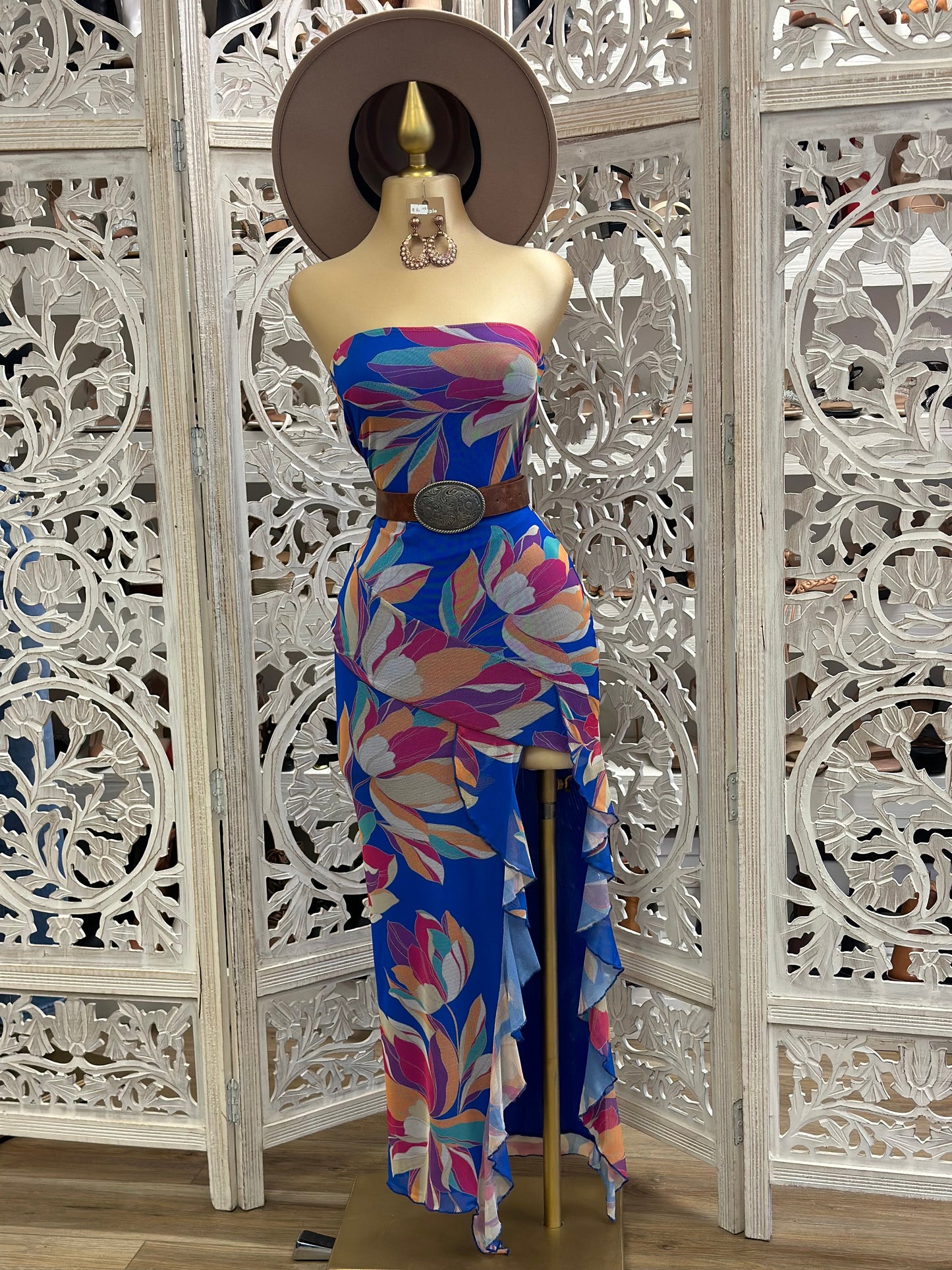 Strapless Blue Pattern Ruffle Slit Dress- Stretchy