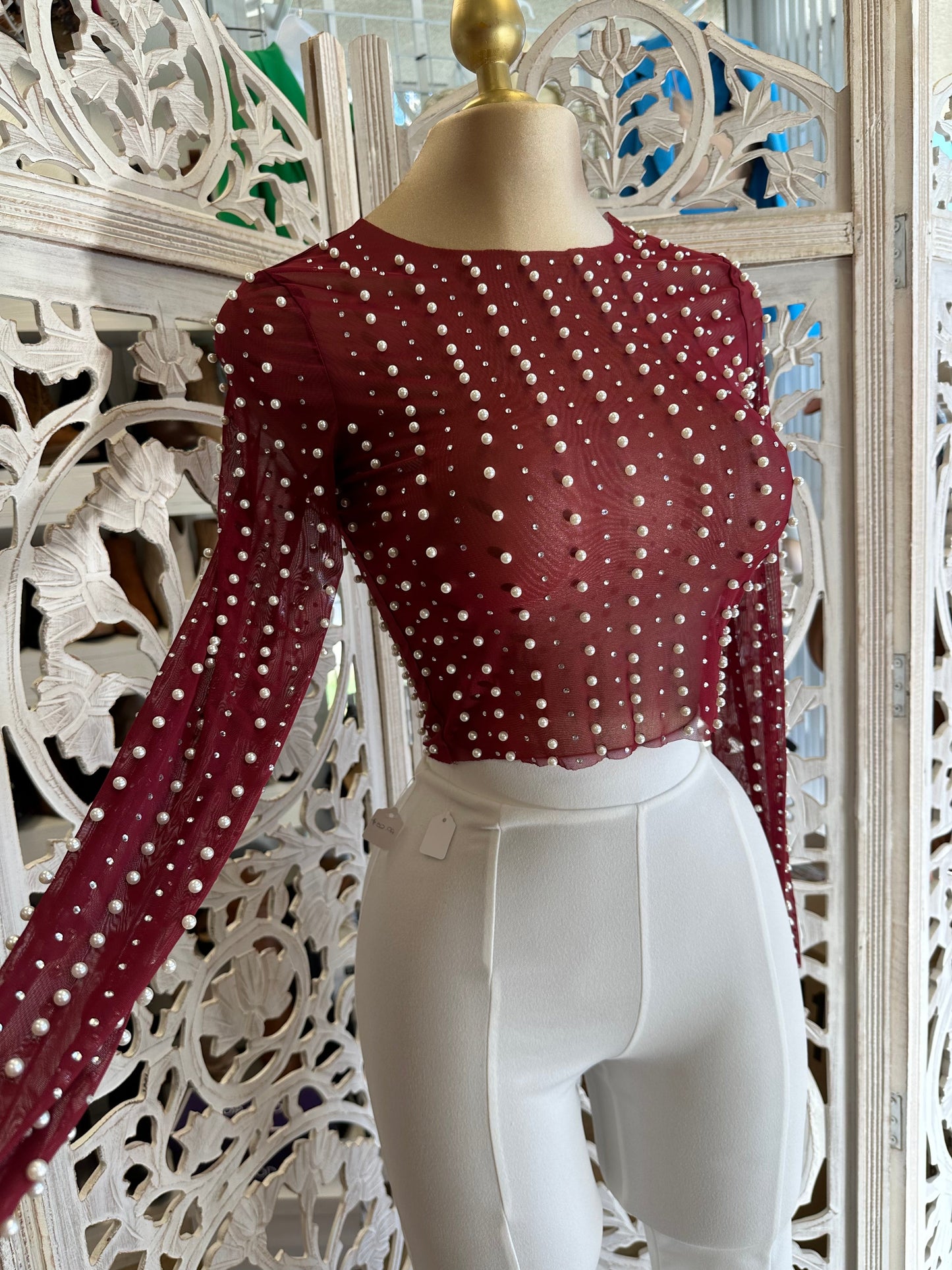 Burgundy Mesh Pearl Long Sleeve Top