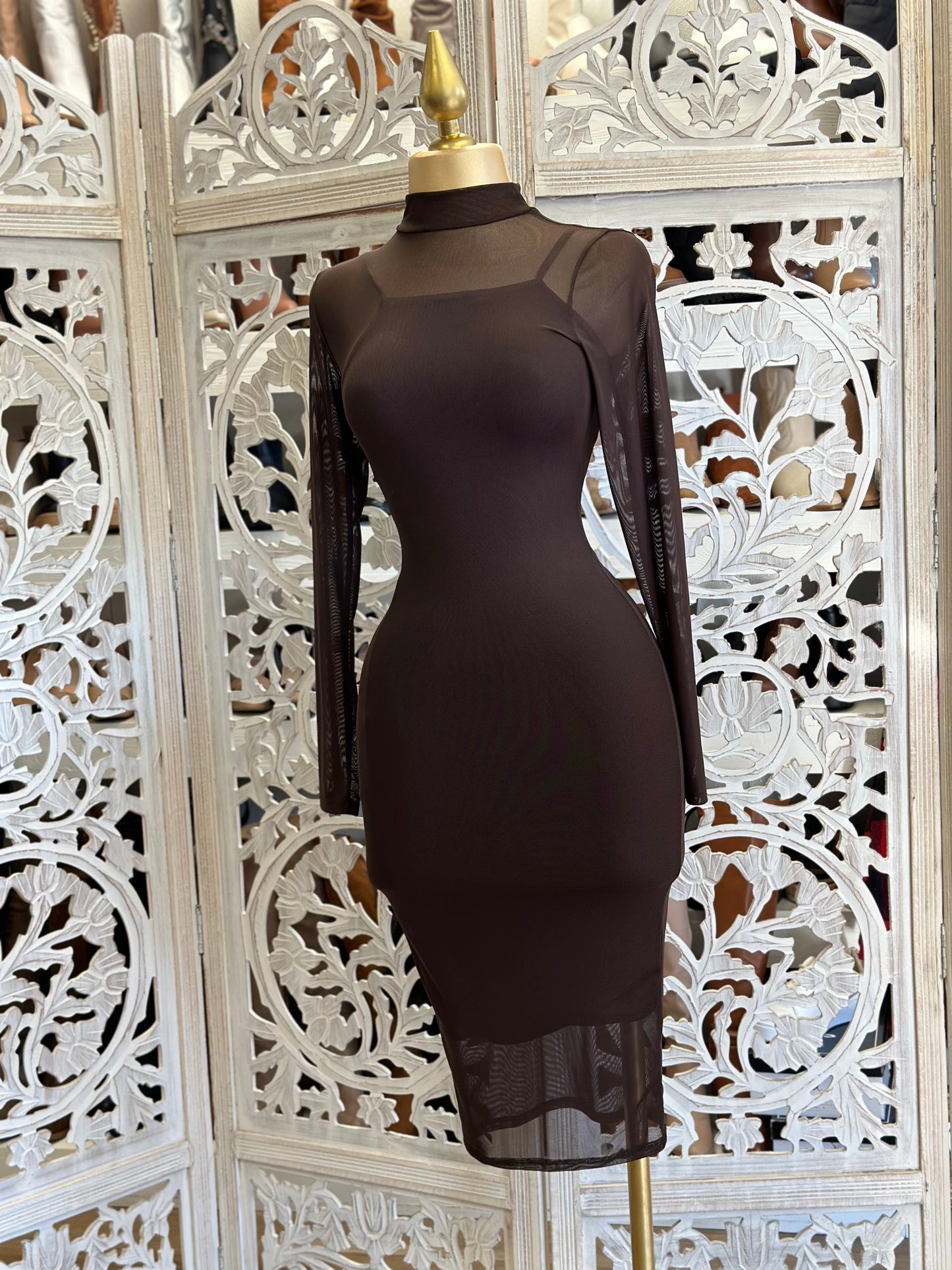 Brown  Mesh Mock Neck Midi Dress