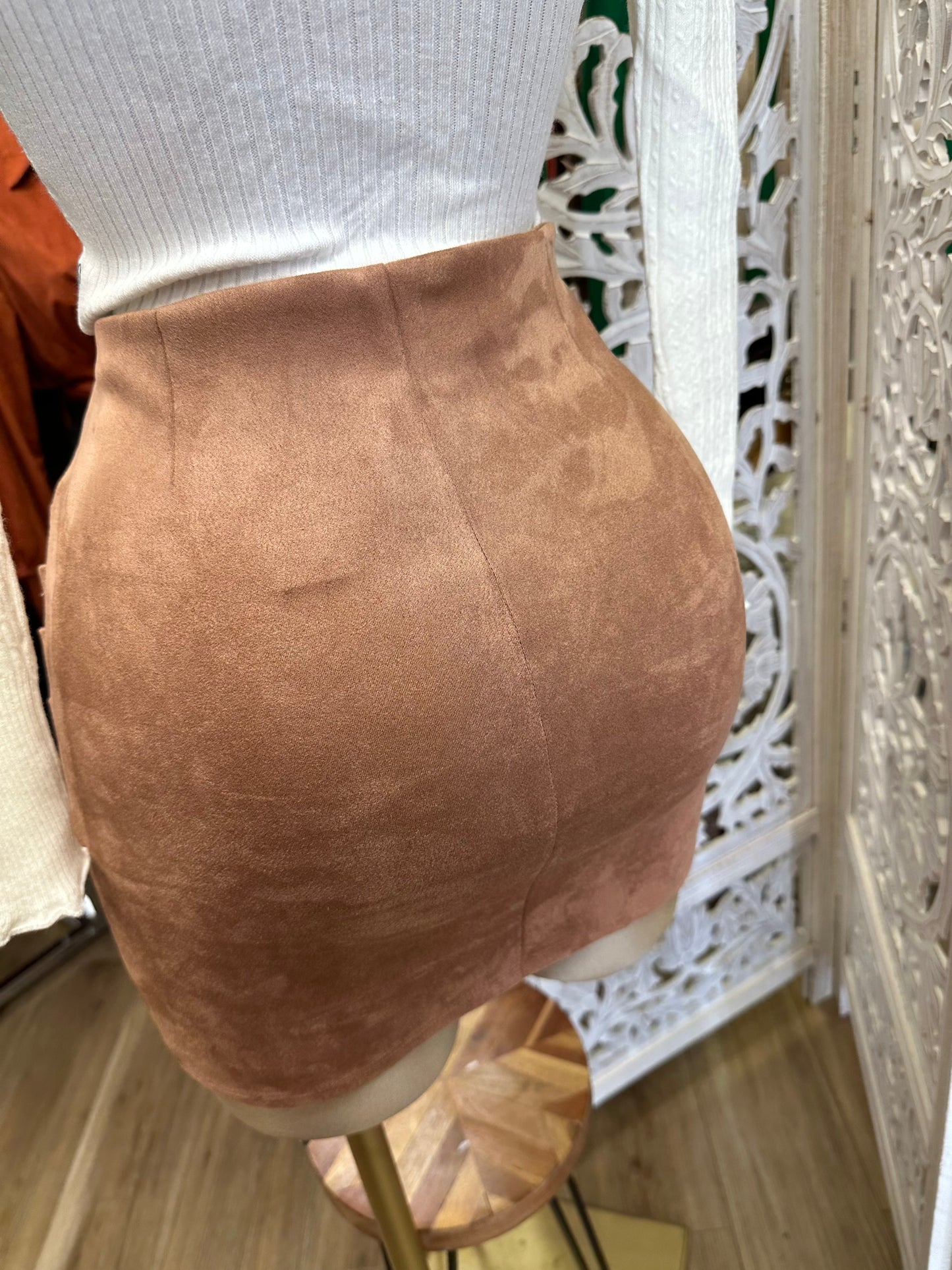 Brown Suede Draped Mini Skirt