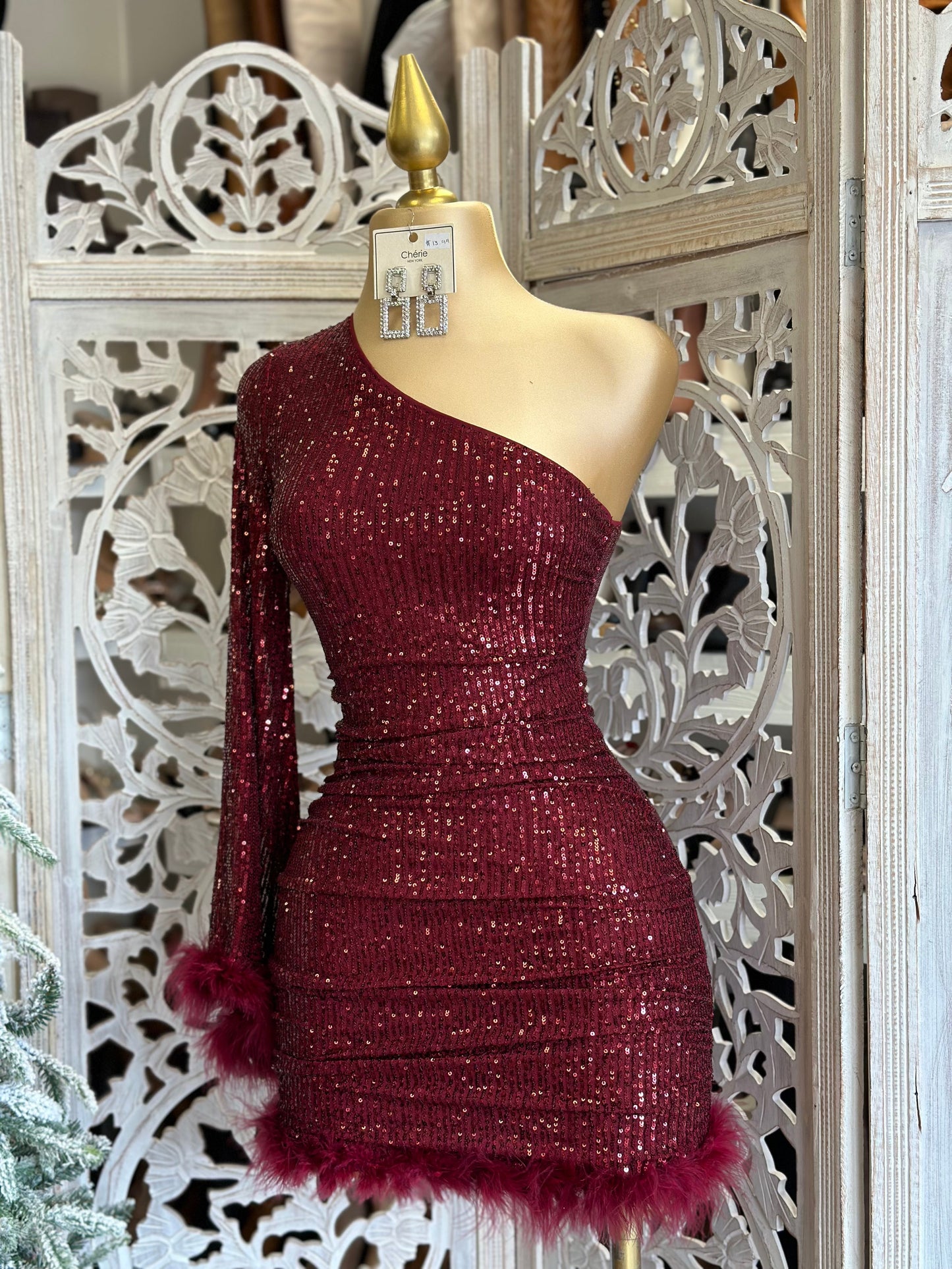 Burgundy Sequin Feathered Dress