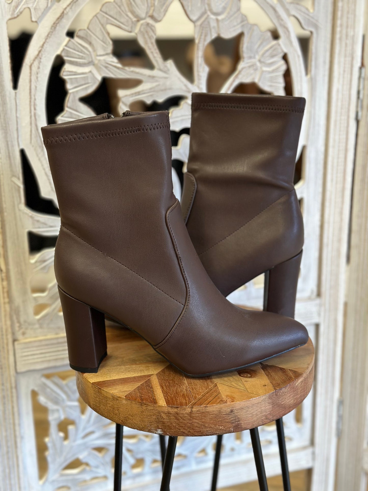 Dark Brown Faux Leather Heeled Mini Boots