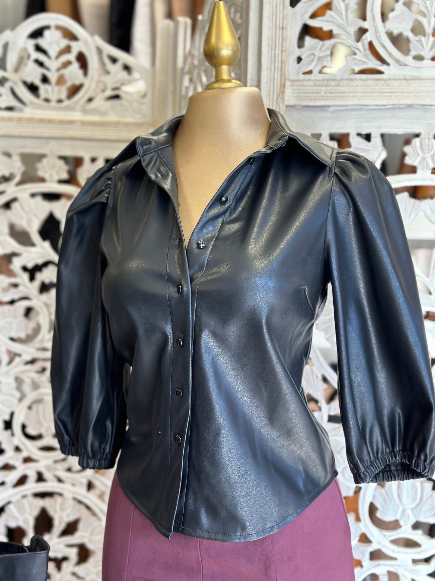 Faux Leather Puff Sleeve Blouse