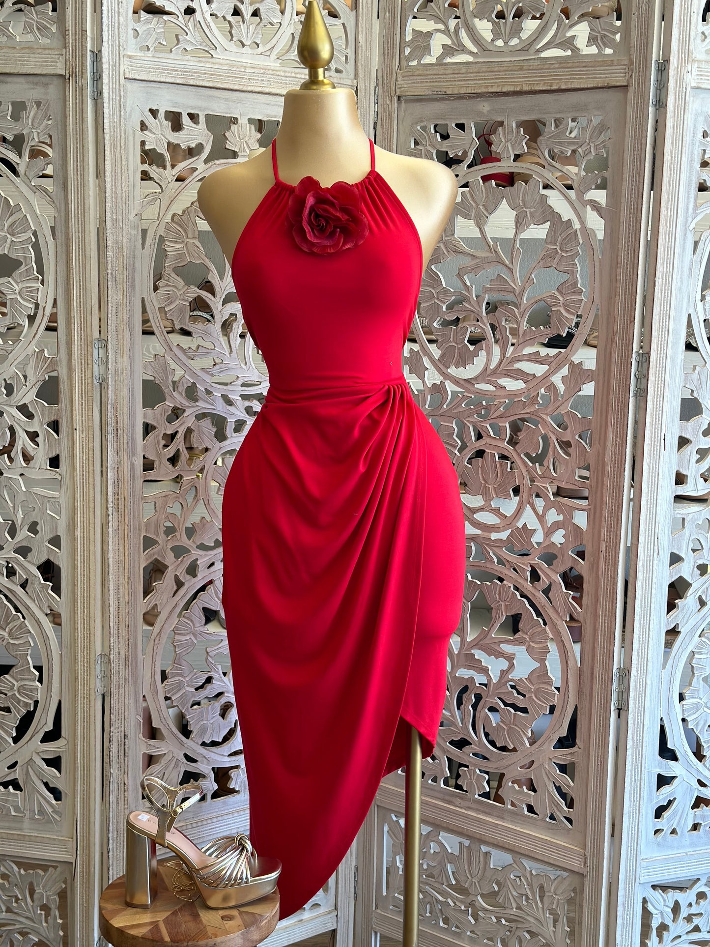 Red Flower Detail High Neck Draped Midi Dress- Stretchy