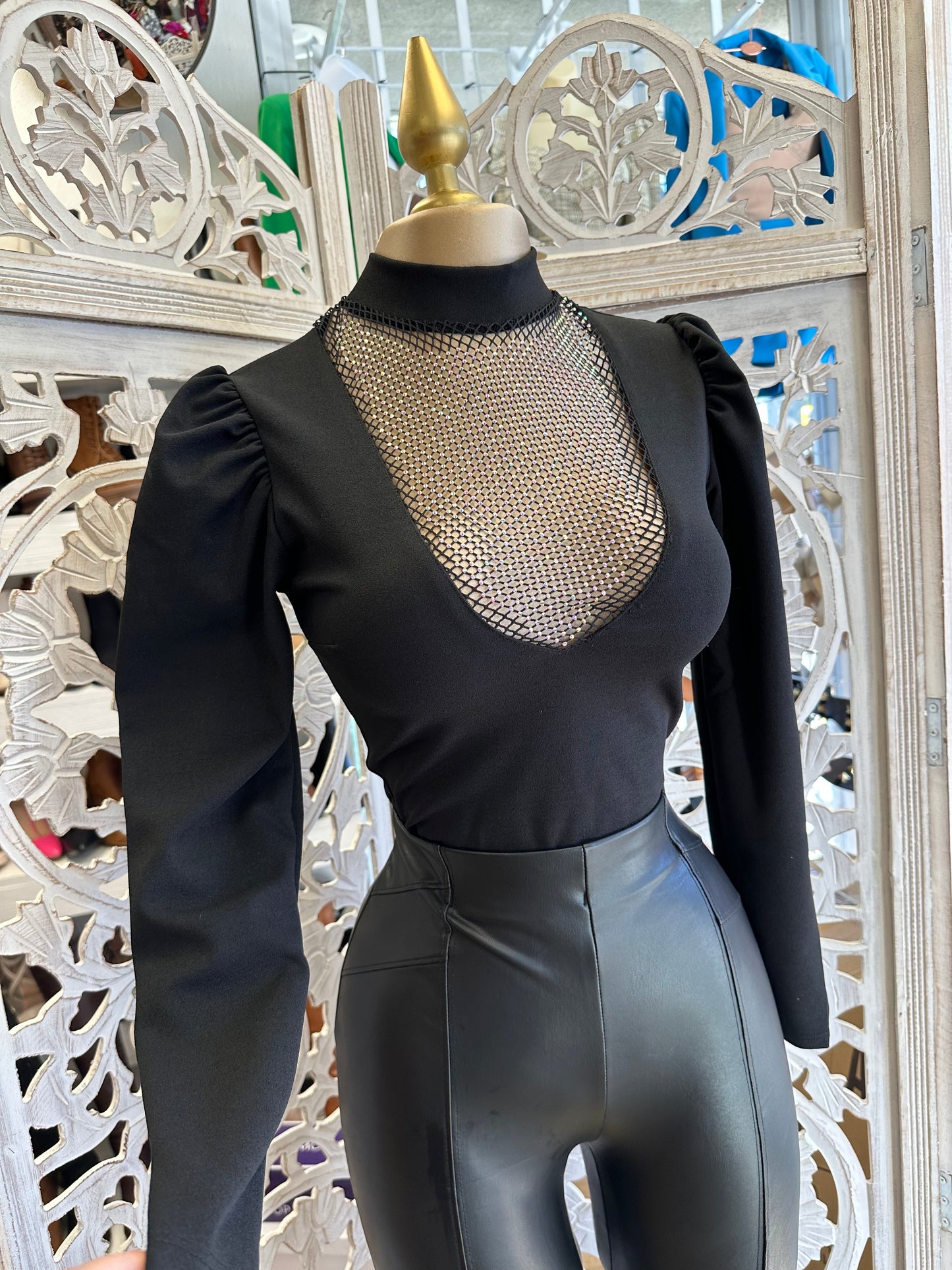 Black Rhinestone Scoop Blouse