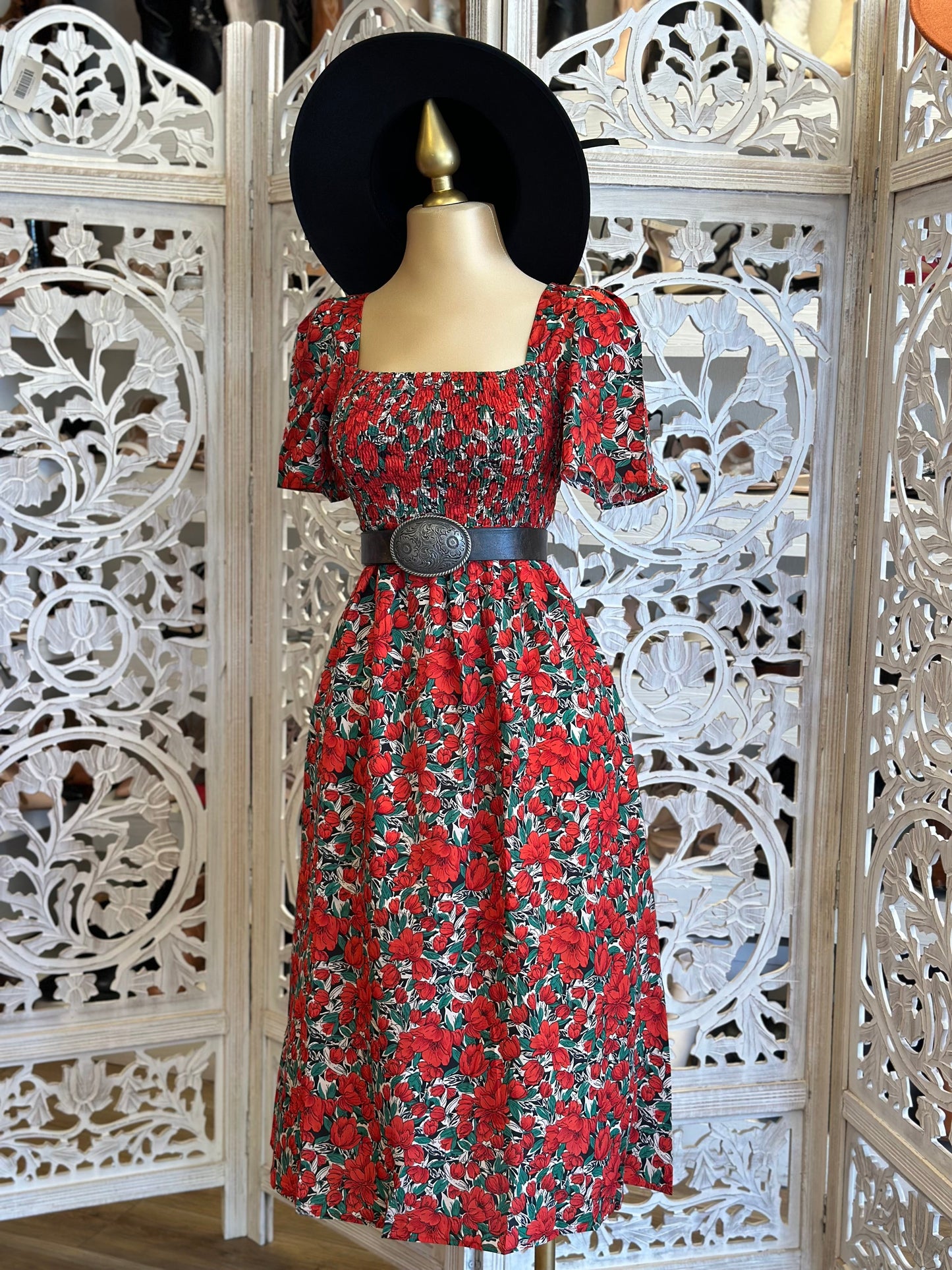 Red Floral Square Neck Dress- Stretchy