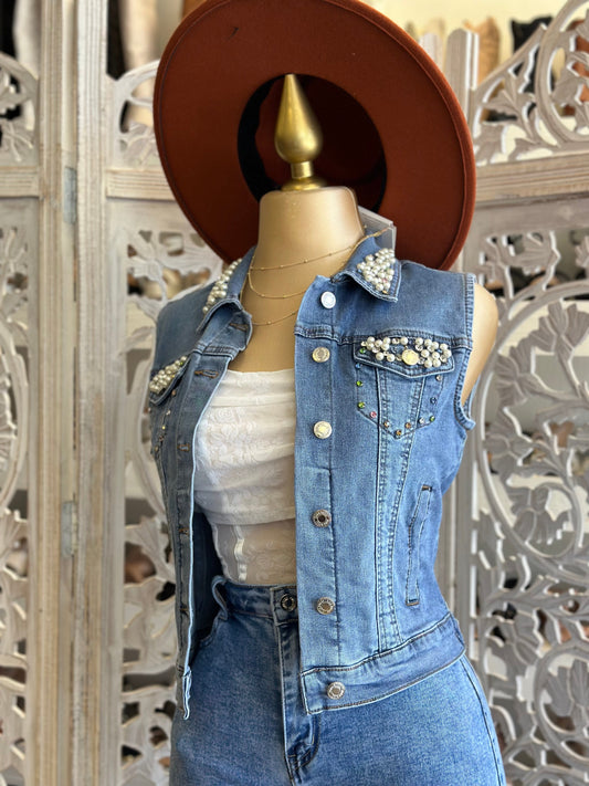 Pearl Detail Denim Vest - Stretchy