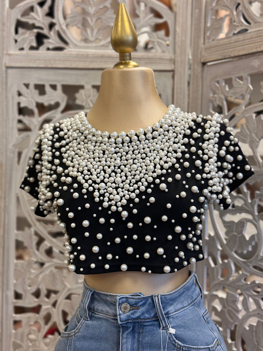 Black Pearl Cropped Blouse-Stretchy