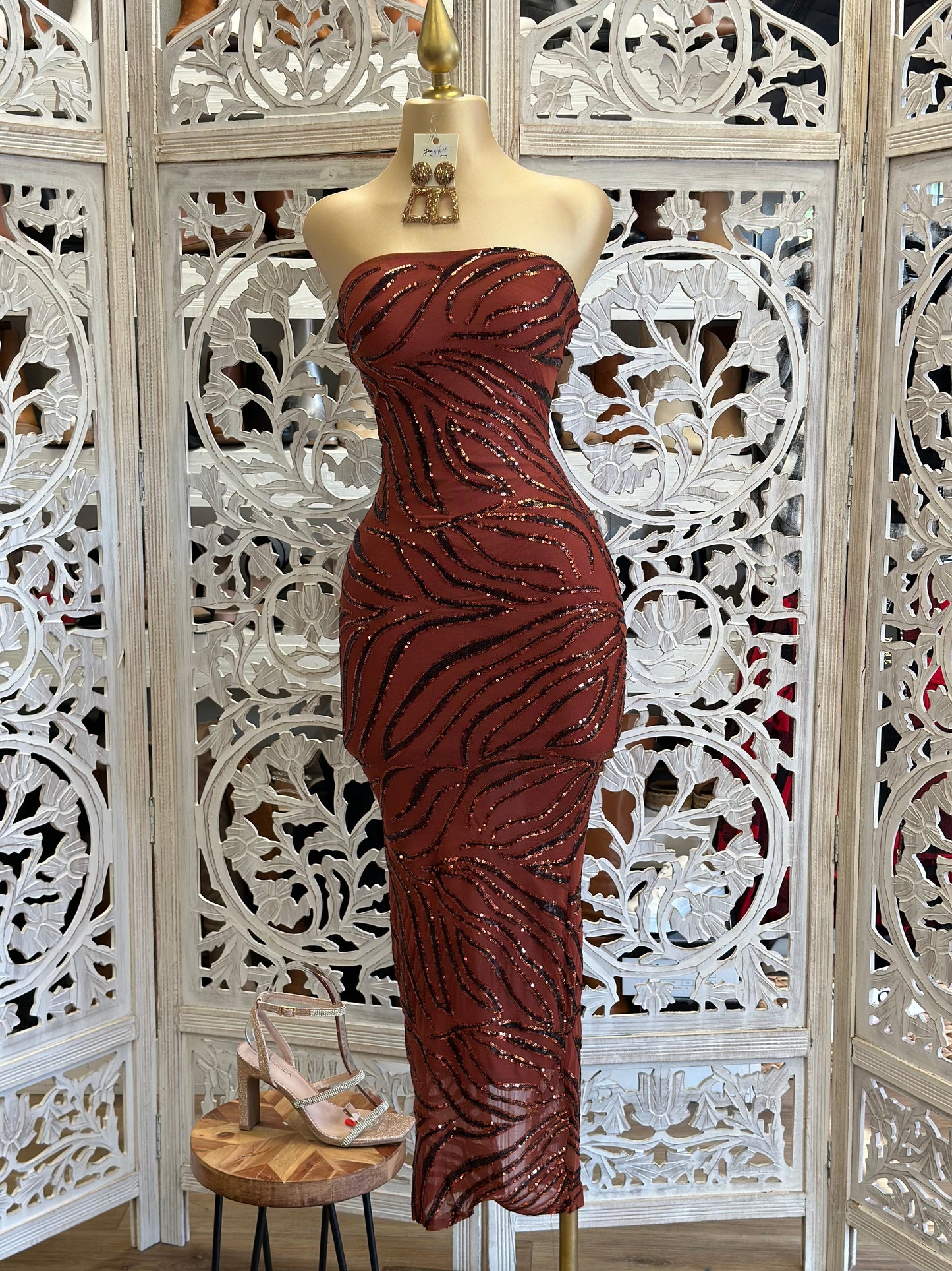 Strapless Sequin Pattern Midi Dress