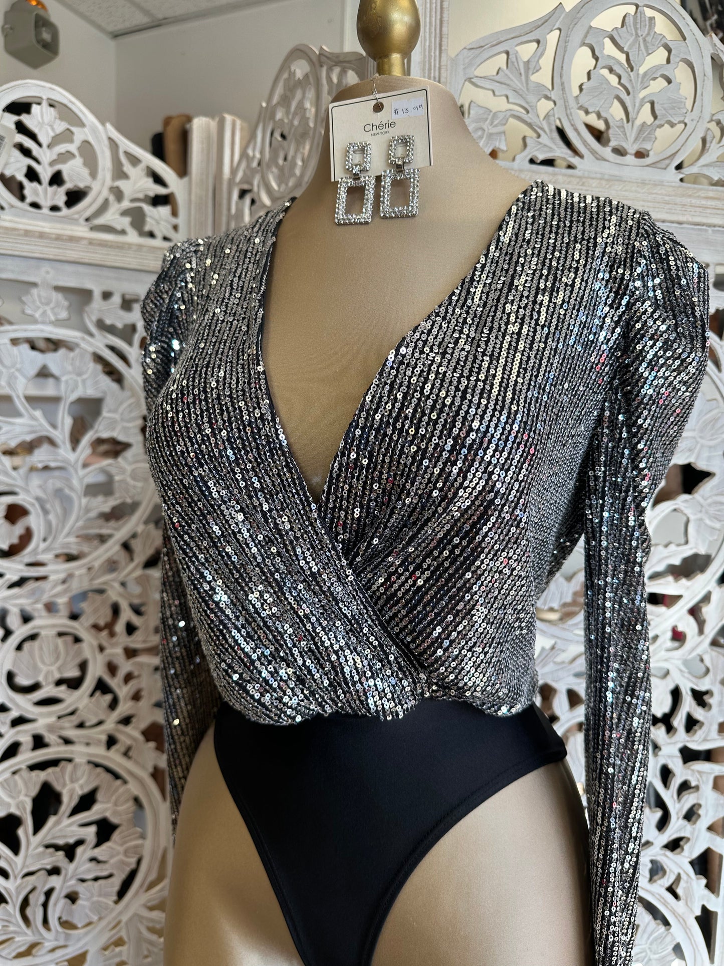 Wrapped Sequin Silver Bodysuit