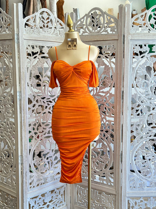 Orange Ruched Slit Cutout Dress