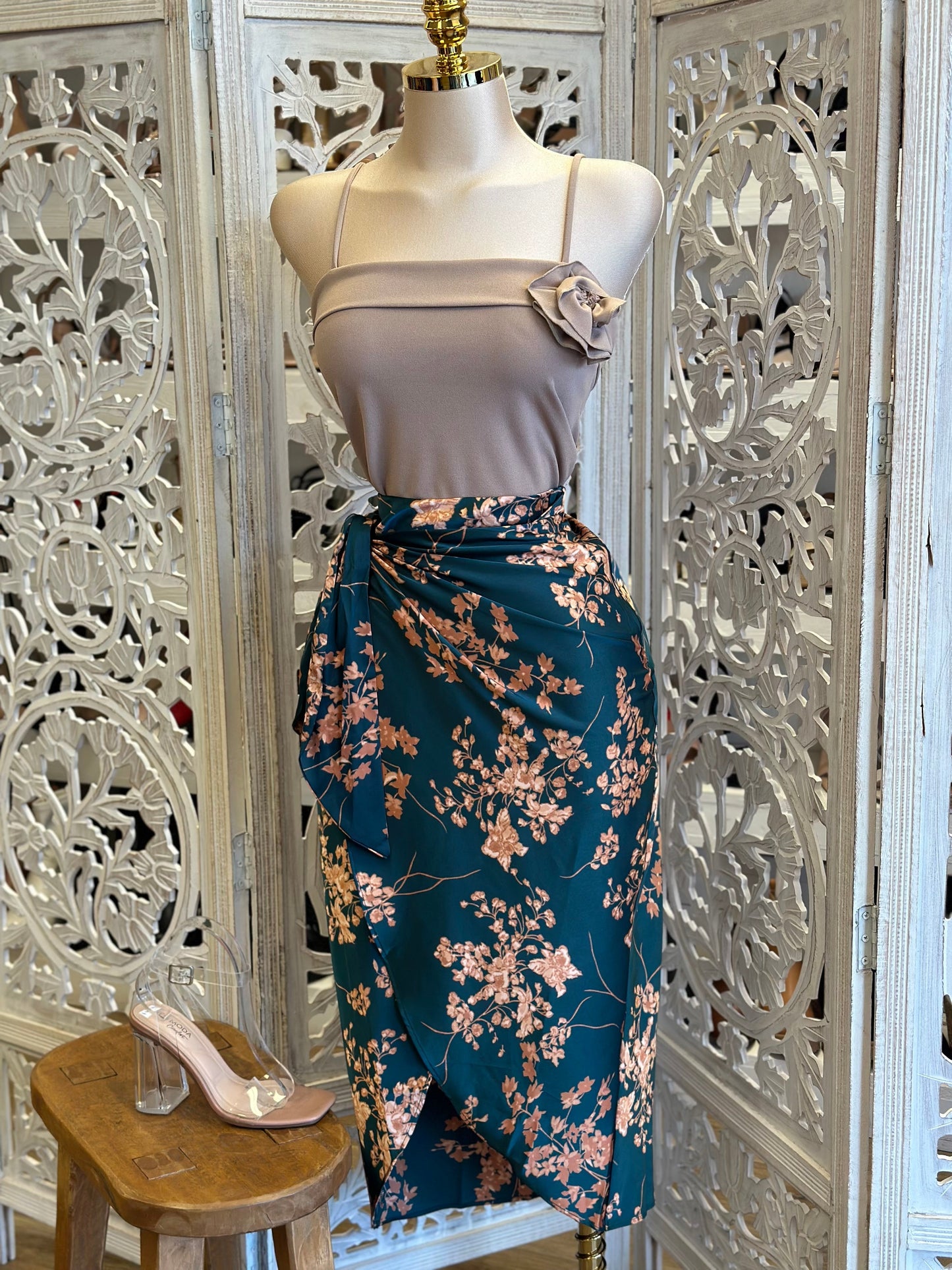 Knotted Wrapped Floral Satin Skirt- Slightly Stretchy