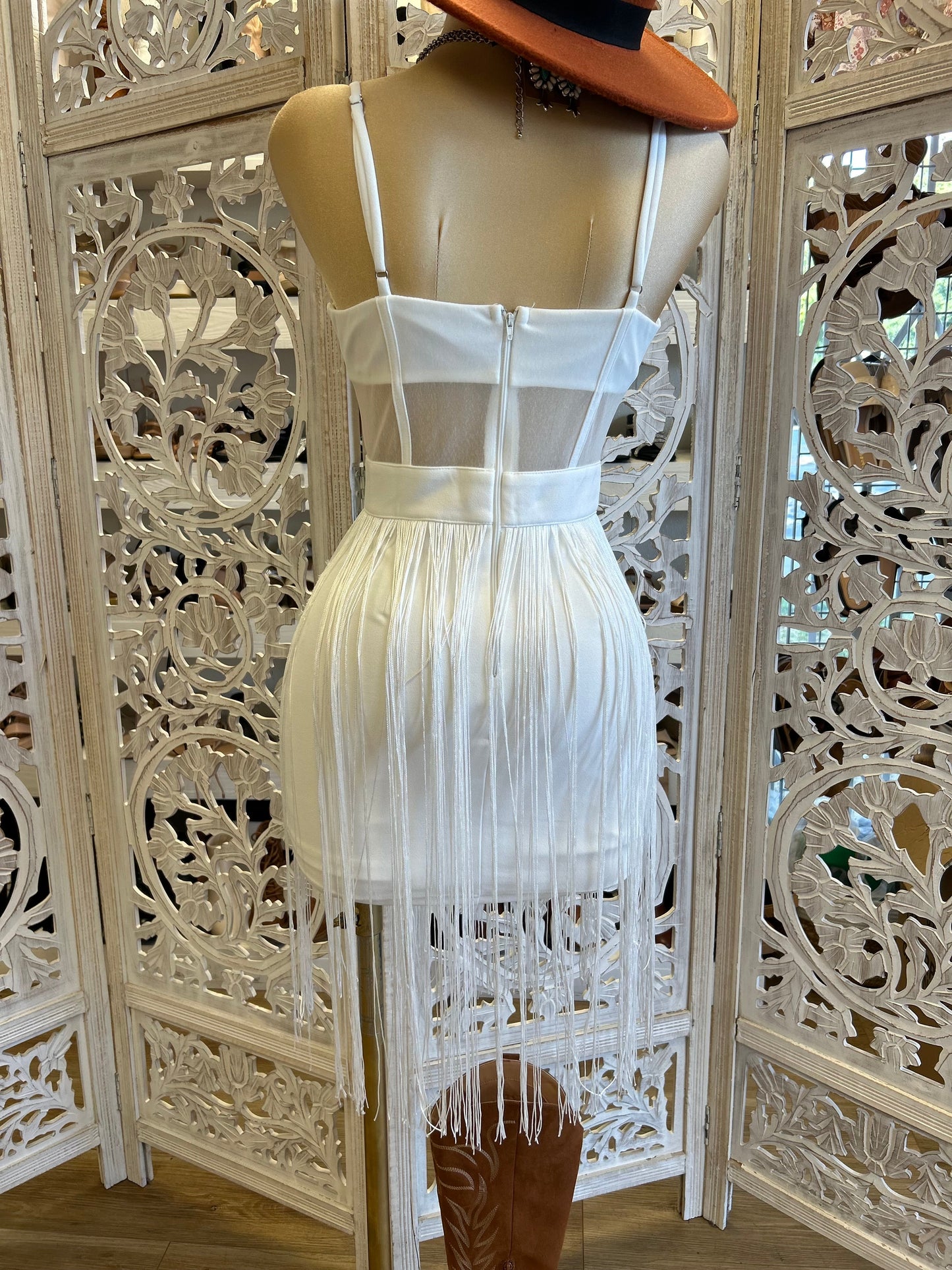 White Fringe Corset Mini Dress- Stretchy