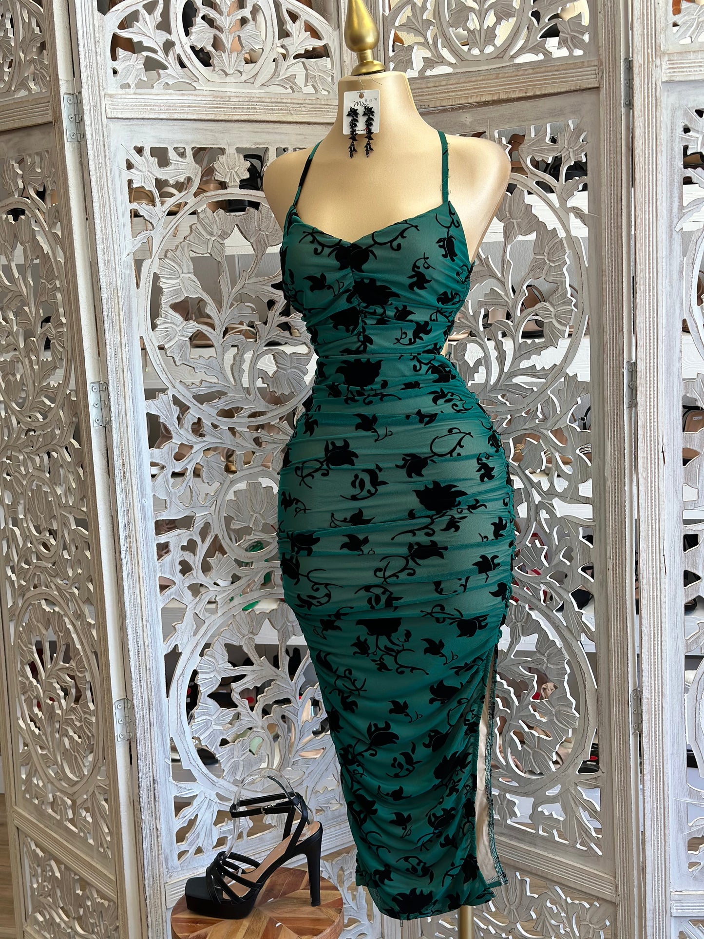 Emerald Velvet Floral Tie Back Dress