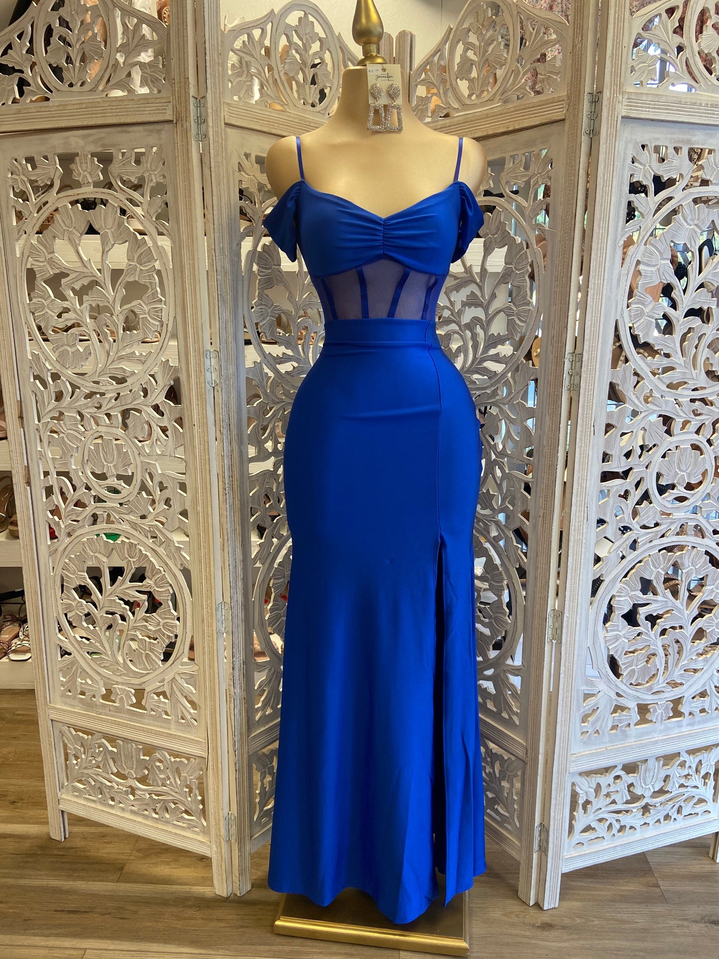 Royal Blue Corset Mesh Formal Dress