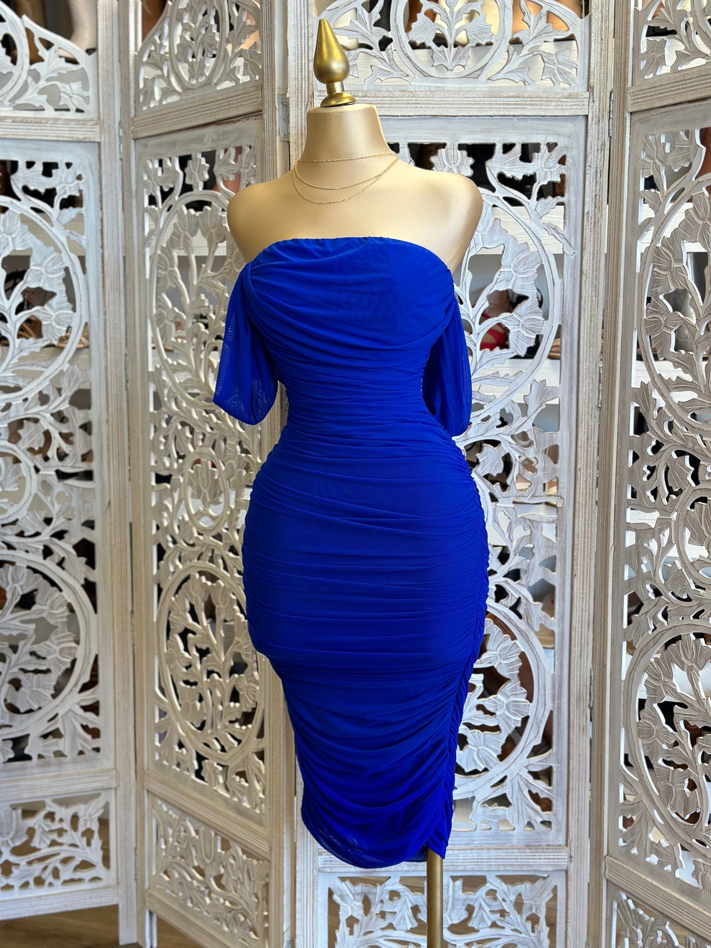 Royal Blue Off Shoulder Midi Ruched Dress- Stretchy