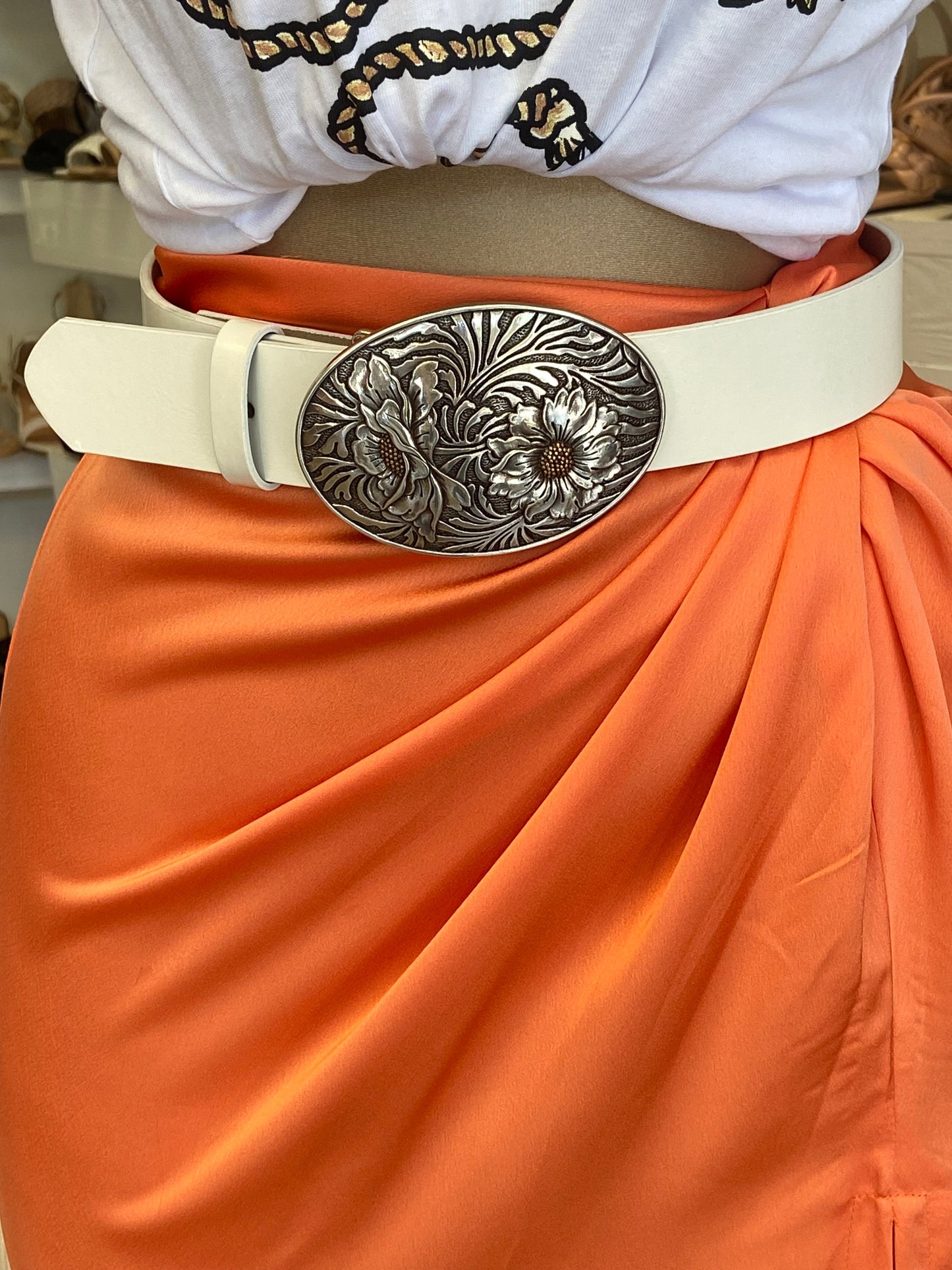 Floral Buckle Ivory Western Belt