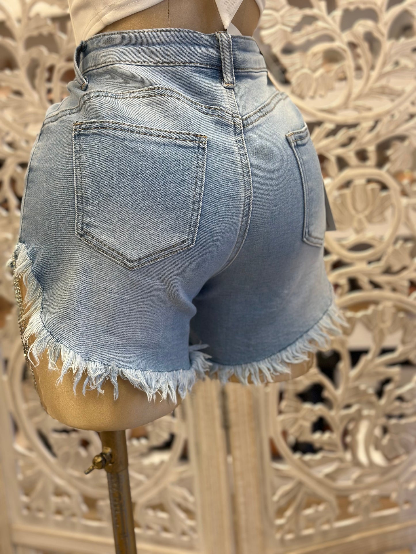 Rhinestone Fringe Distressed High Rise Shorts- Stretchy