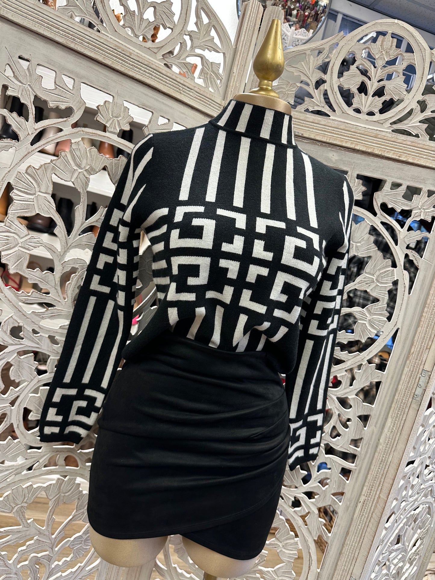 Geometric Print White Mock Neck Sweater