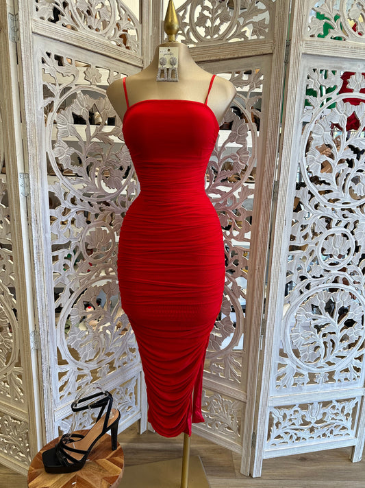 Cherry Red Midi Ruched Dress