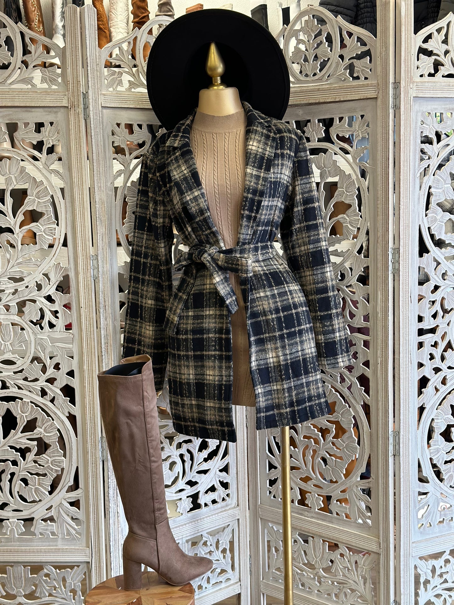 Black Plaid Mid Coat