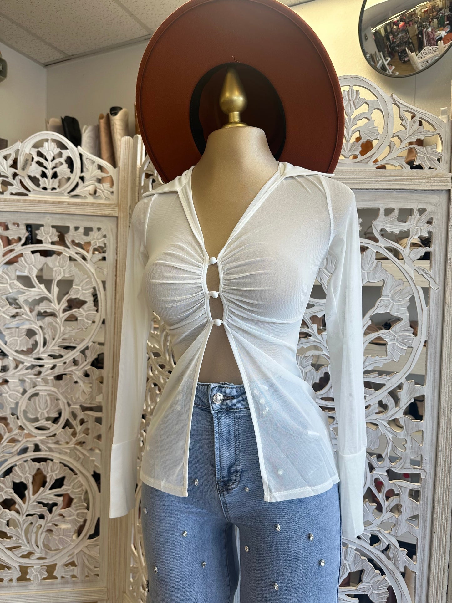 Sheer White Button Split Top- Stretchy