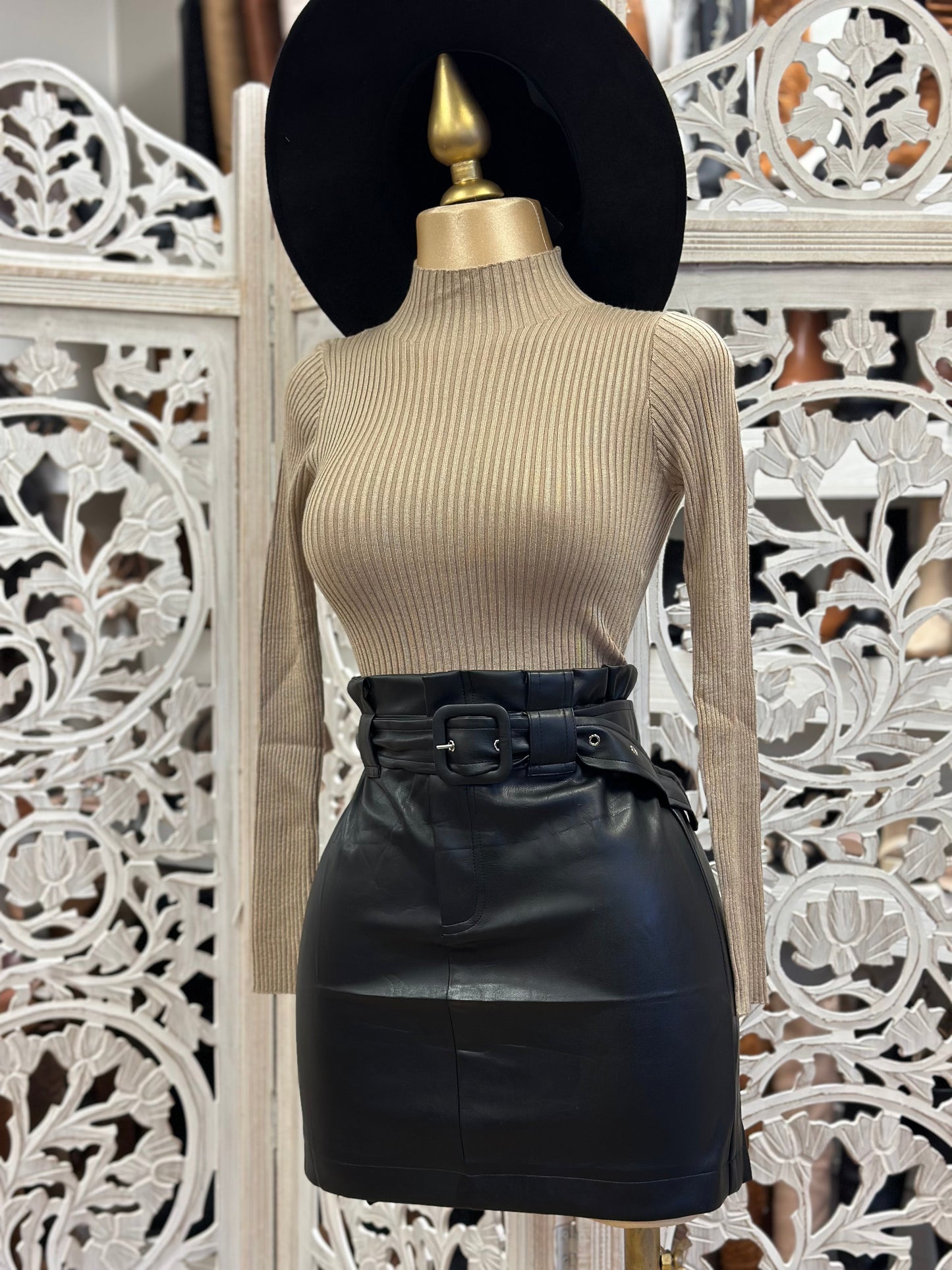 Black Faux Leather Skirt With Bel