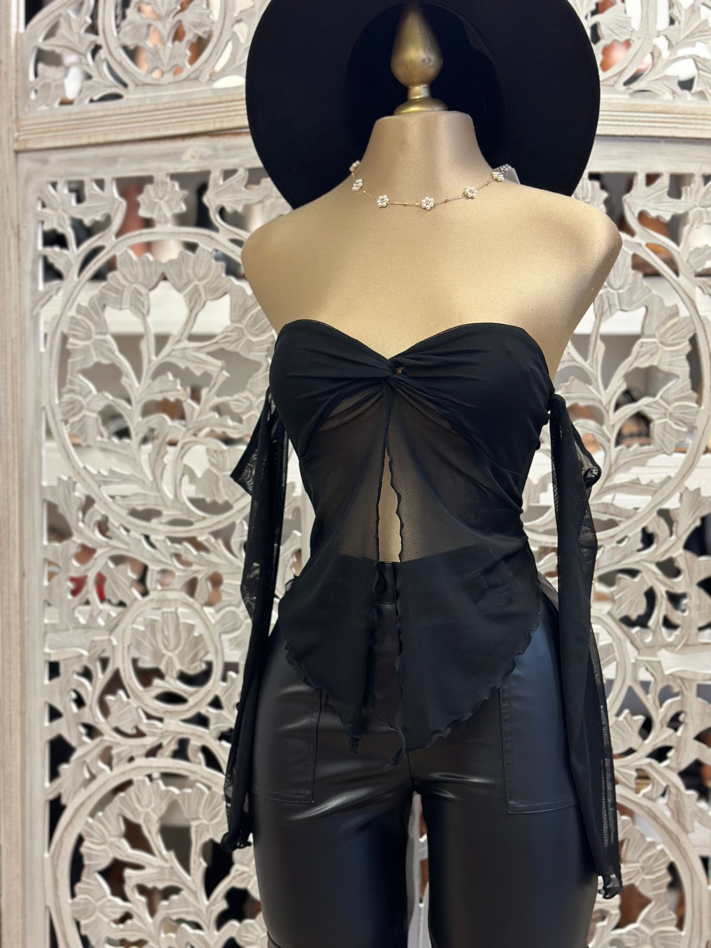 Black Ribbon Split Blouse