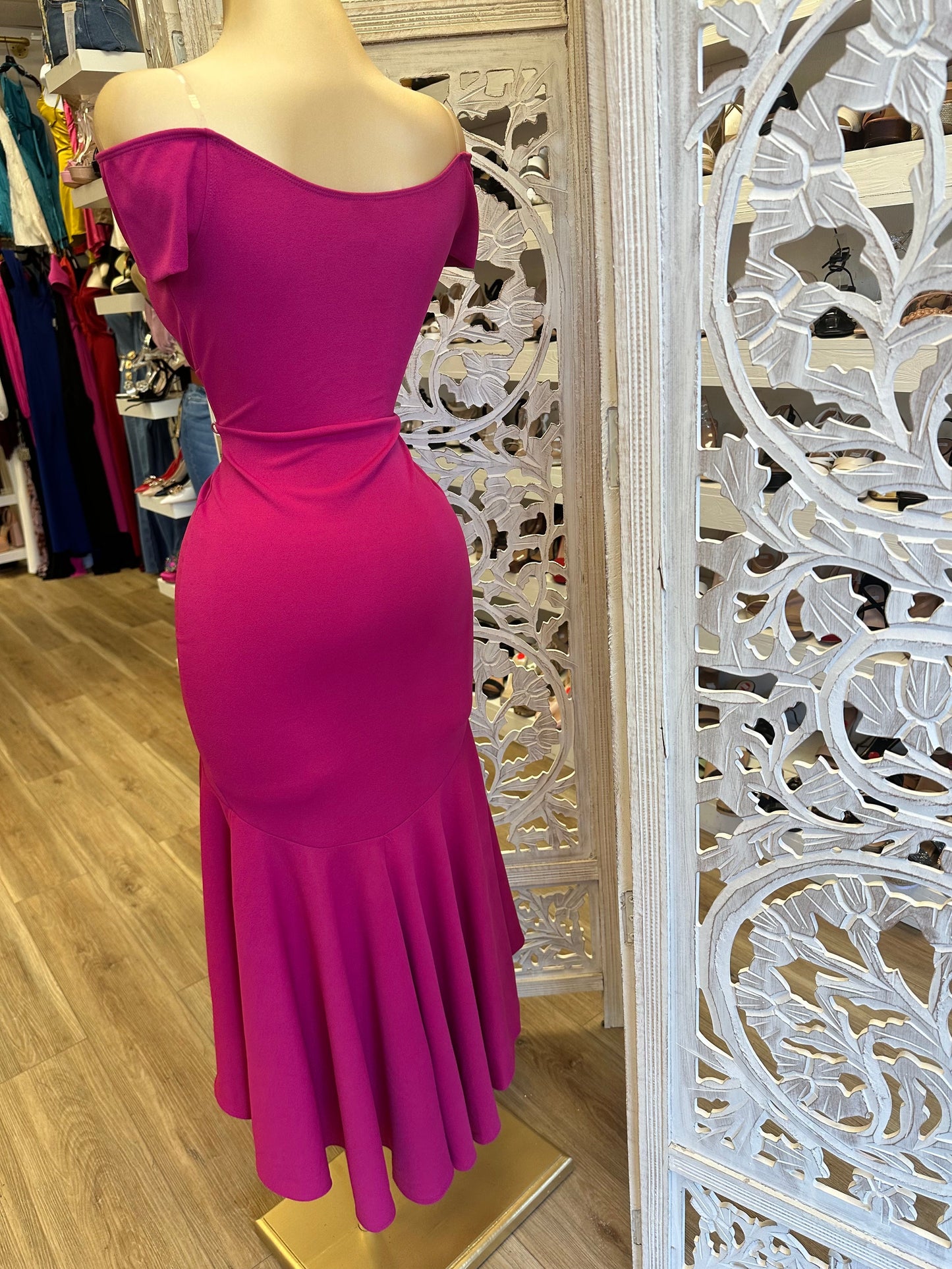 Off Shoulder Ruffle Draped Dress Magenta