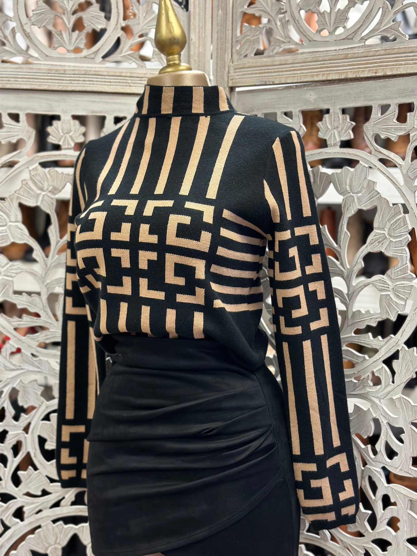 Geometric Print Brown Mock Neck Sweater