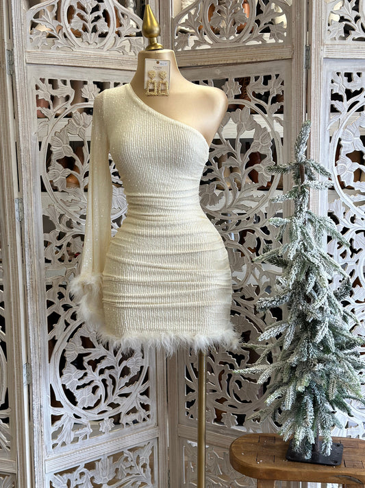 White Sequin Feathered Dress