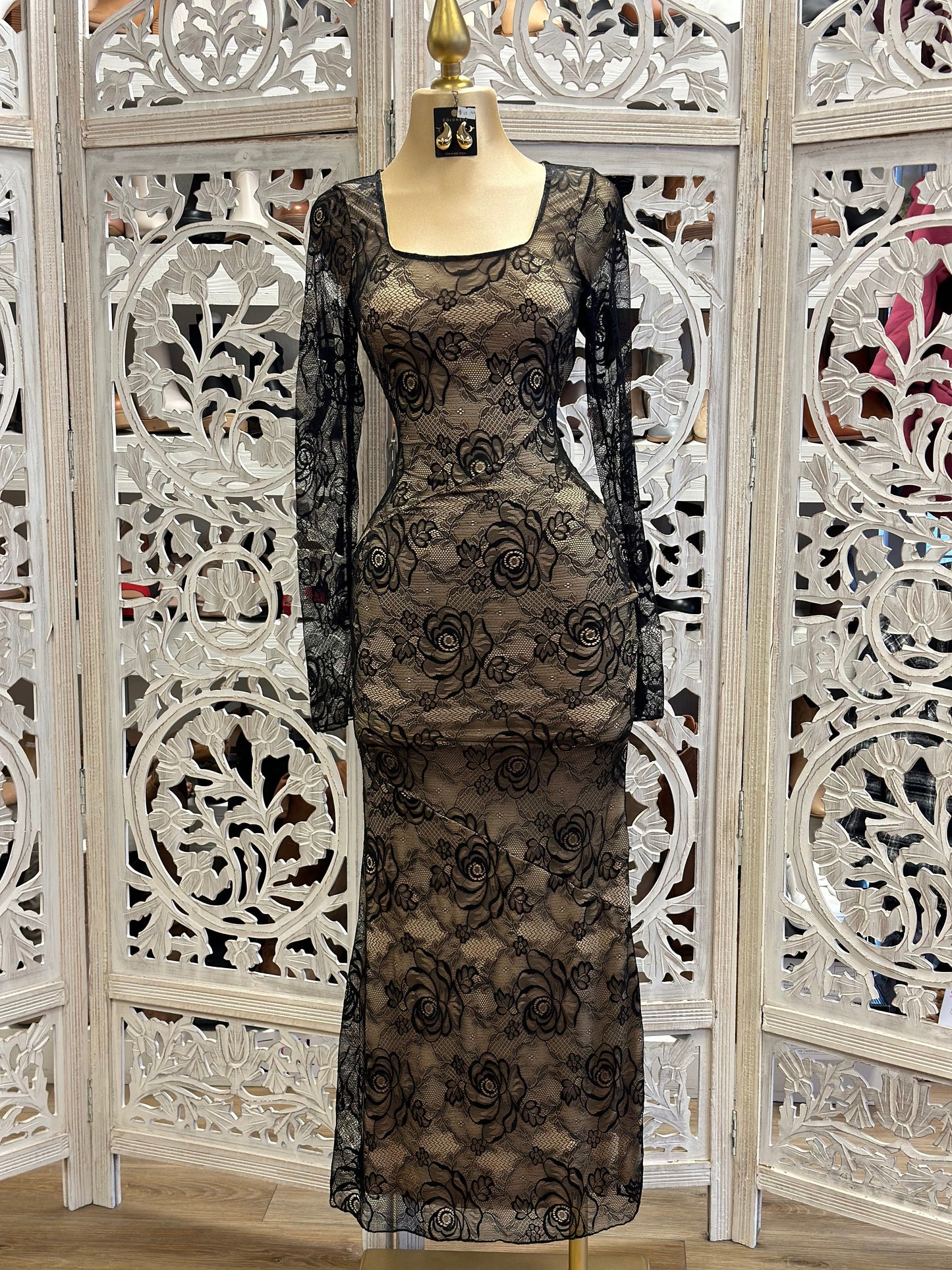 Black Lace Nude Maxi Dress Stretchy