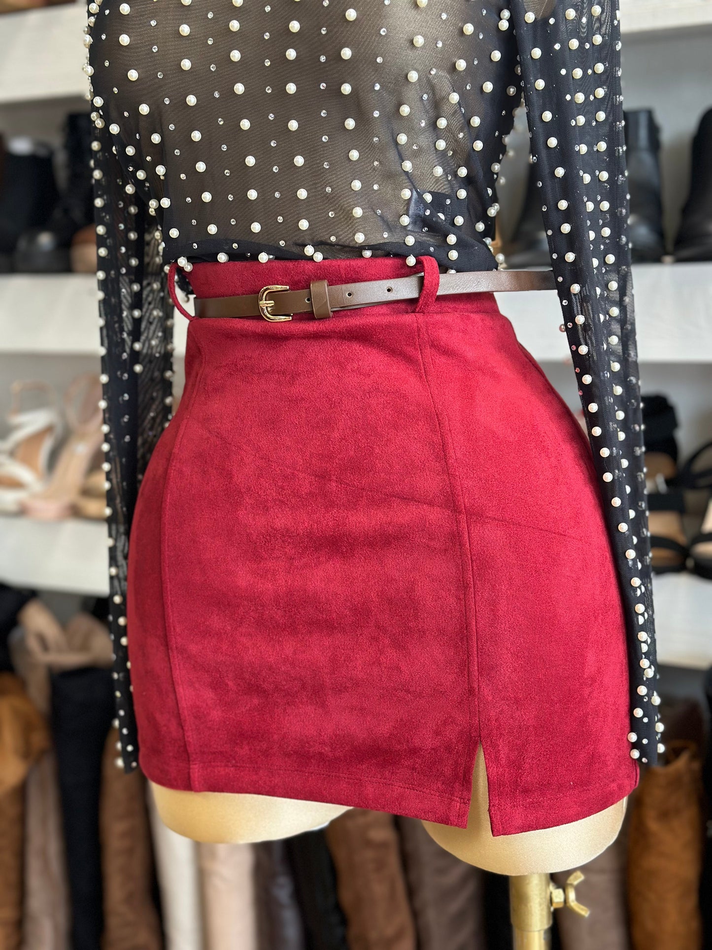 Red Suede Mini Skirt with Belt