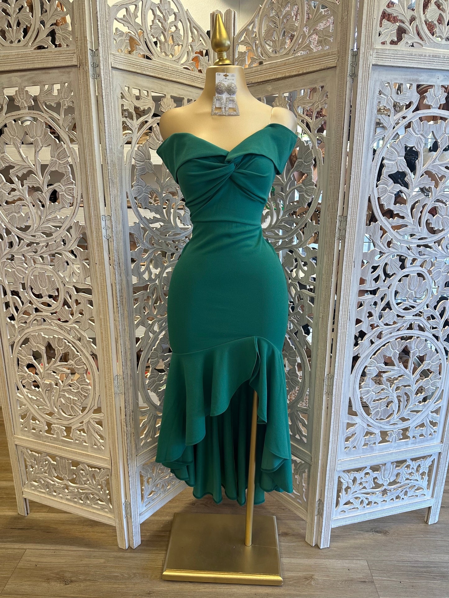 Off Shoulder Ruffle Draped Dress Hunter Green